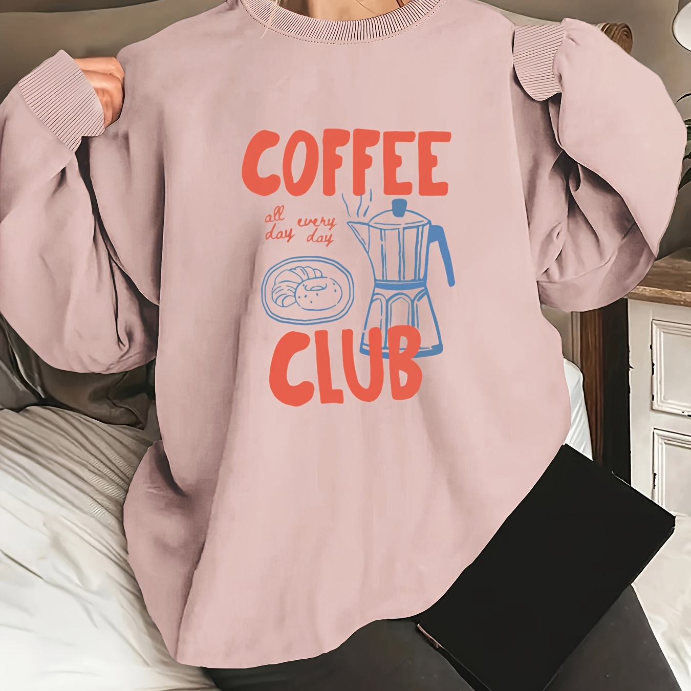 

1pc Women's Casual Long Sleeve Fashion Sweatshirt With Coffee Club Print, Polyester Knit Crew Neck Pullover For All