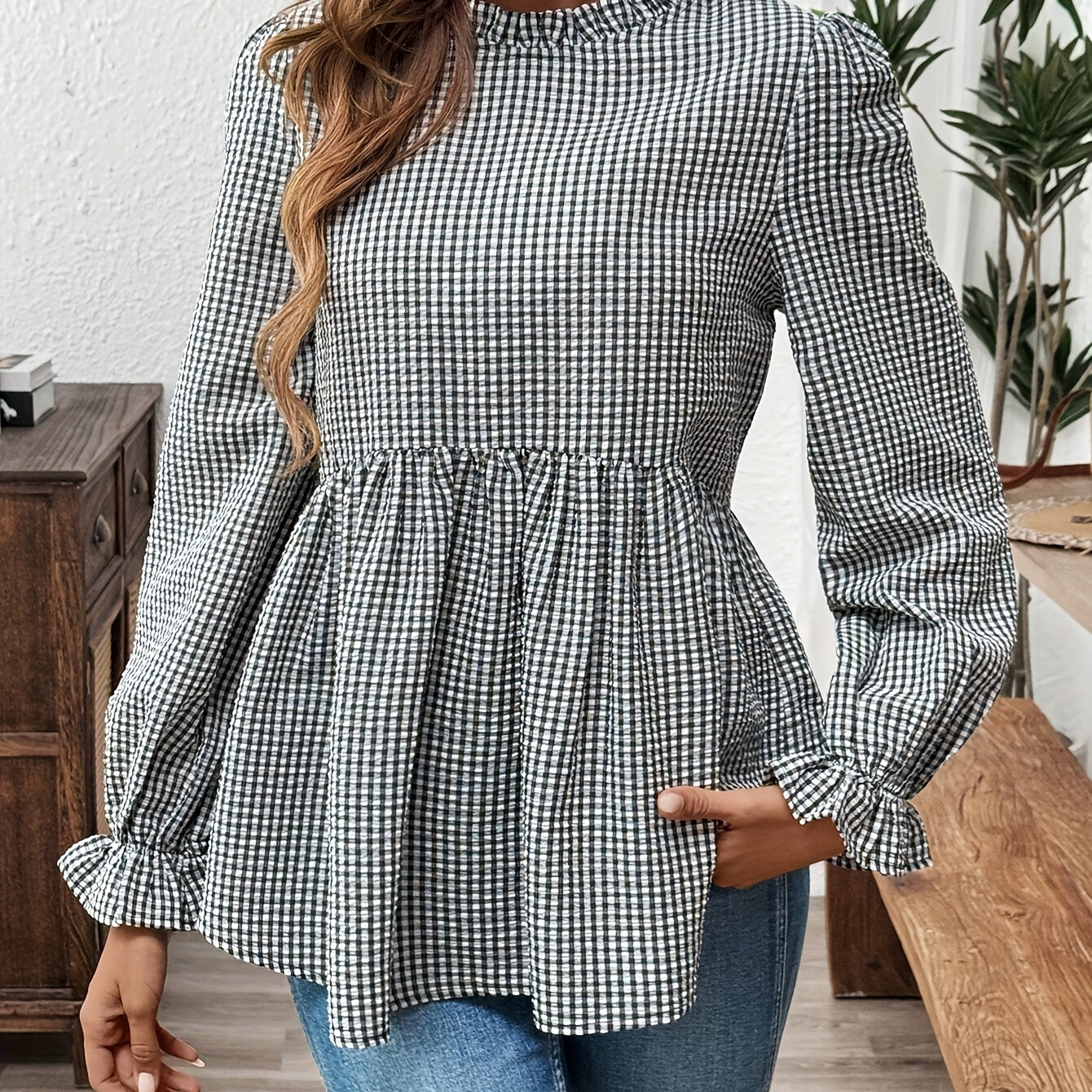 

Gingham Pattern Blouse, Elegant Long Sleeve Peplum Hem Top For Spring & Fall, Women's Clothing