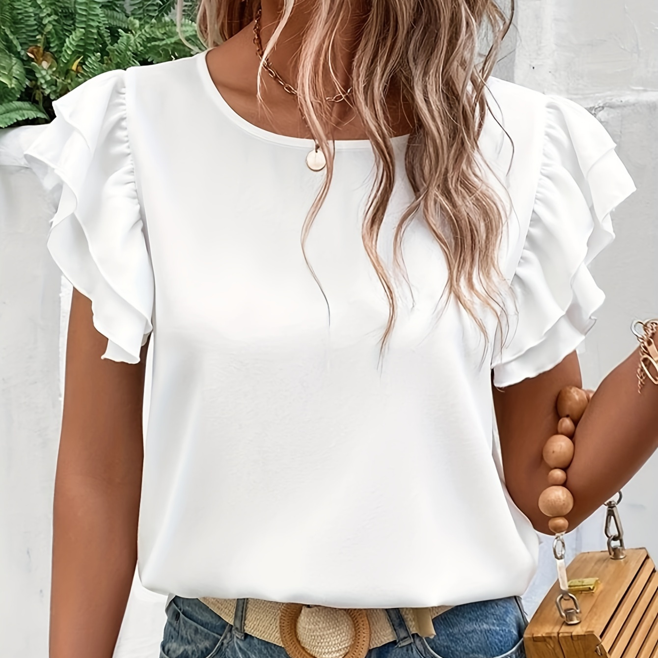 

Solid Color Crew Neck Blouse, Elegant Tiered Flutter Sleeve Blouse For Spring & Summer, Women's Clothing
