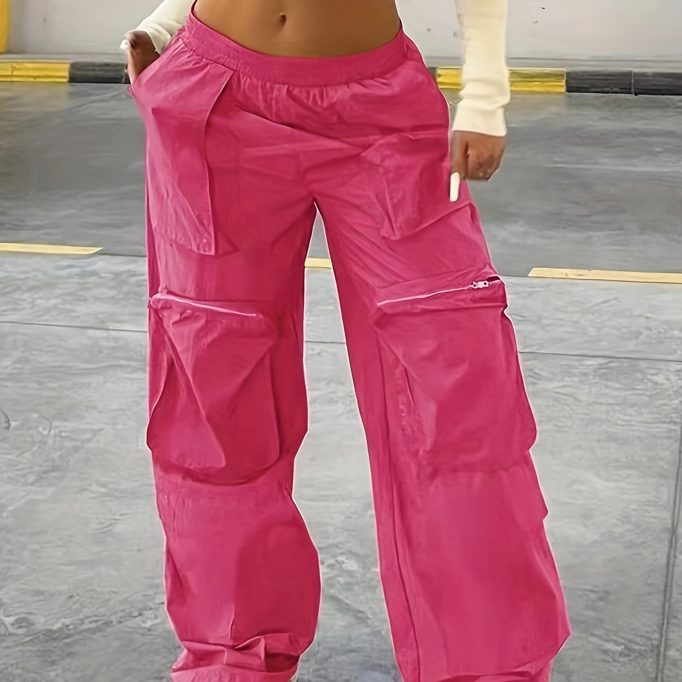 

Solid Baggy Cargo Pants, Vintage Elastic Waist Hip-hop Pants With Pocket, Women's Clothing