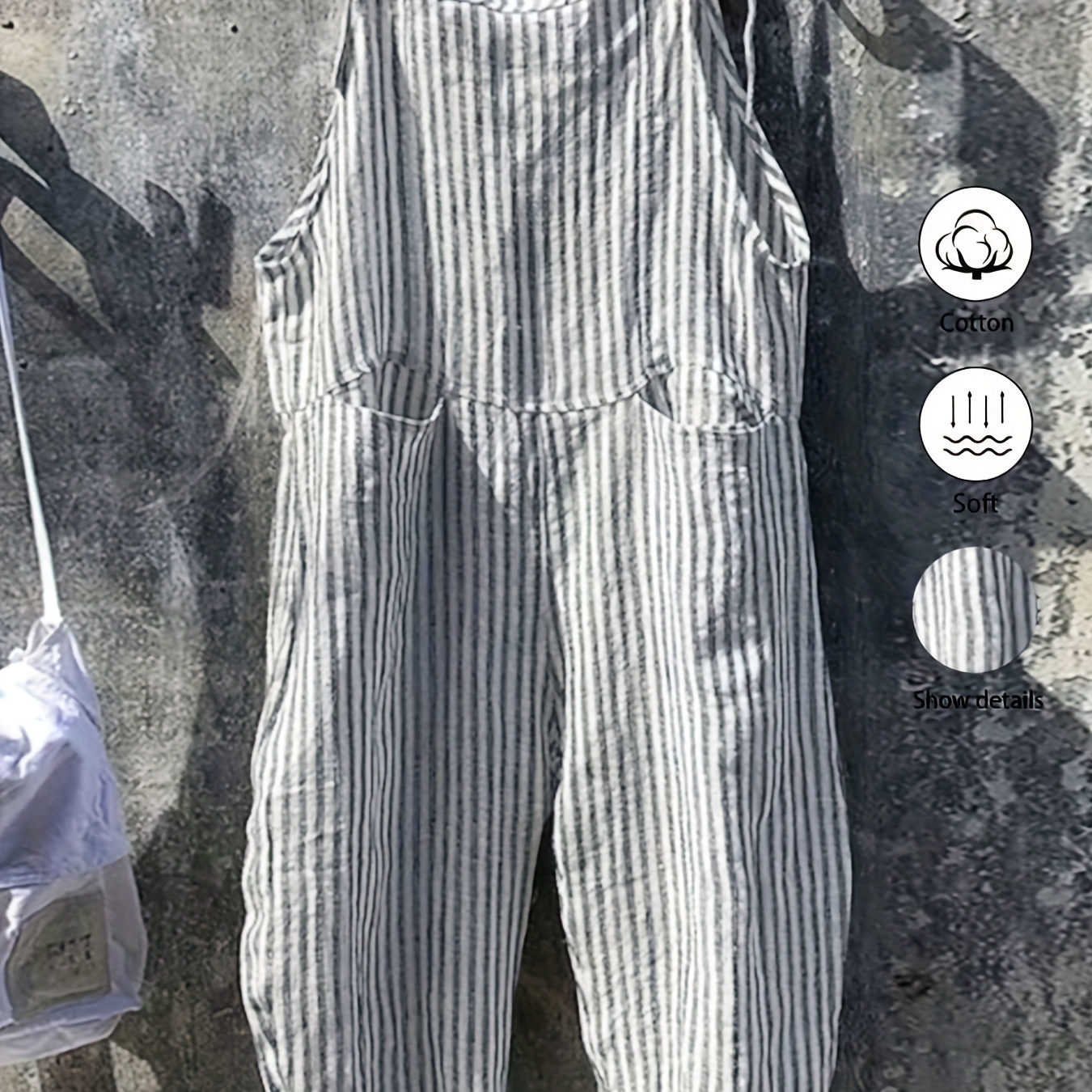 

Striped Tie Shoulder Pockets Overalls, Casual Sleeveless Wide Leg Overall Jumpsuit For Spring & Summer, Women's Clothing