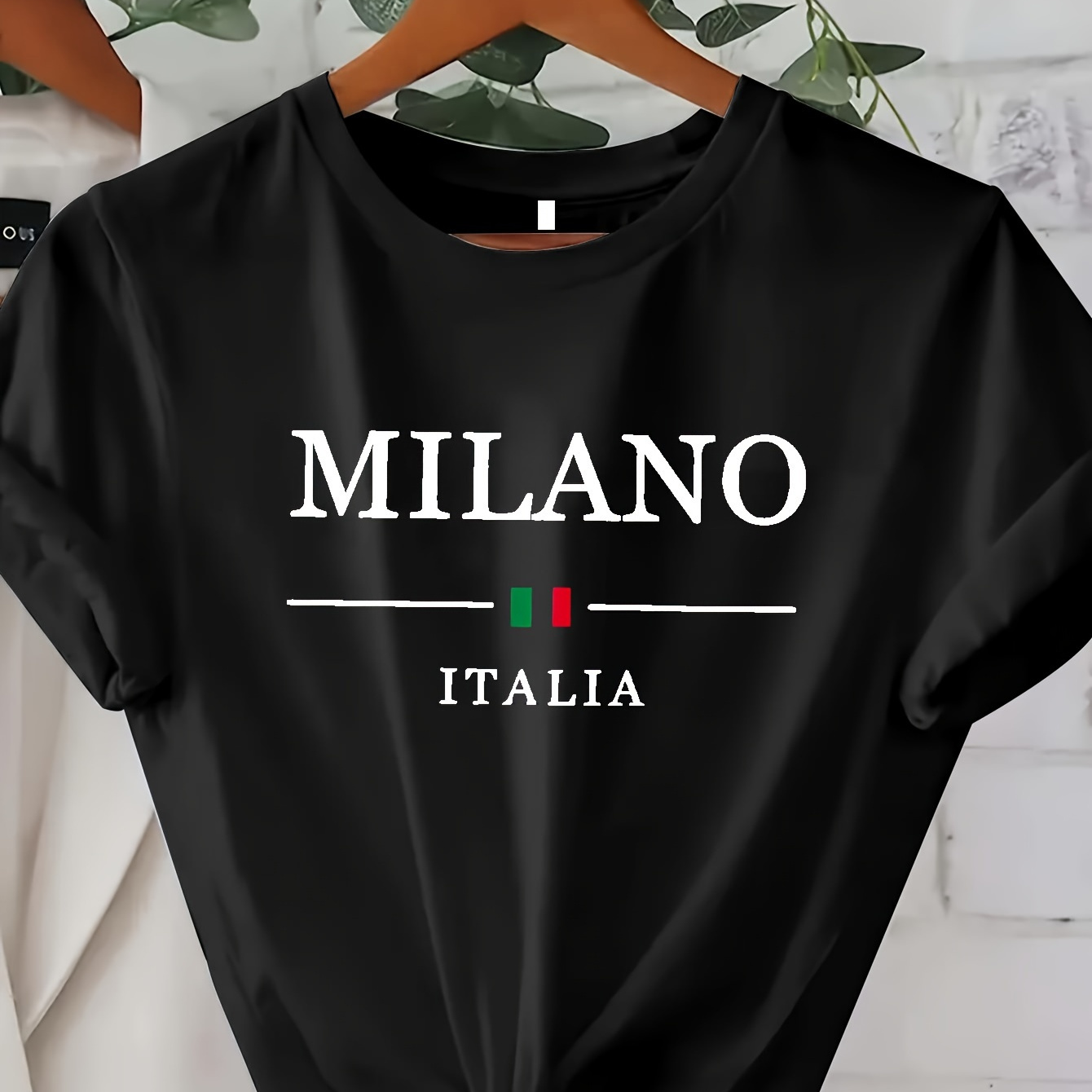 

Milano Print Crew Neck T-shirt, Short Sleeve Casual Top For Summer & Spring, Women's Clothing