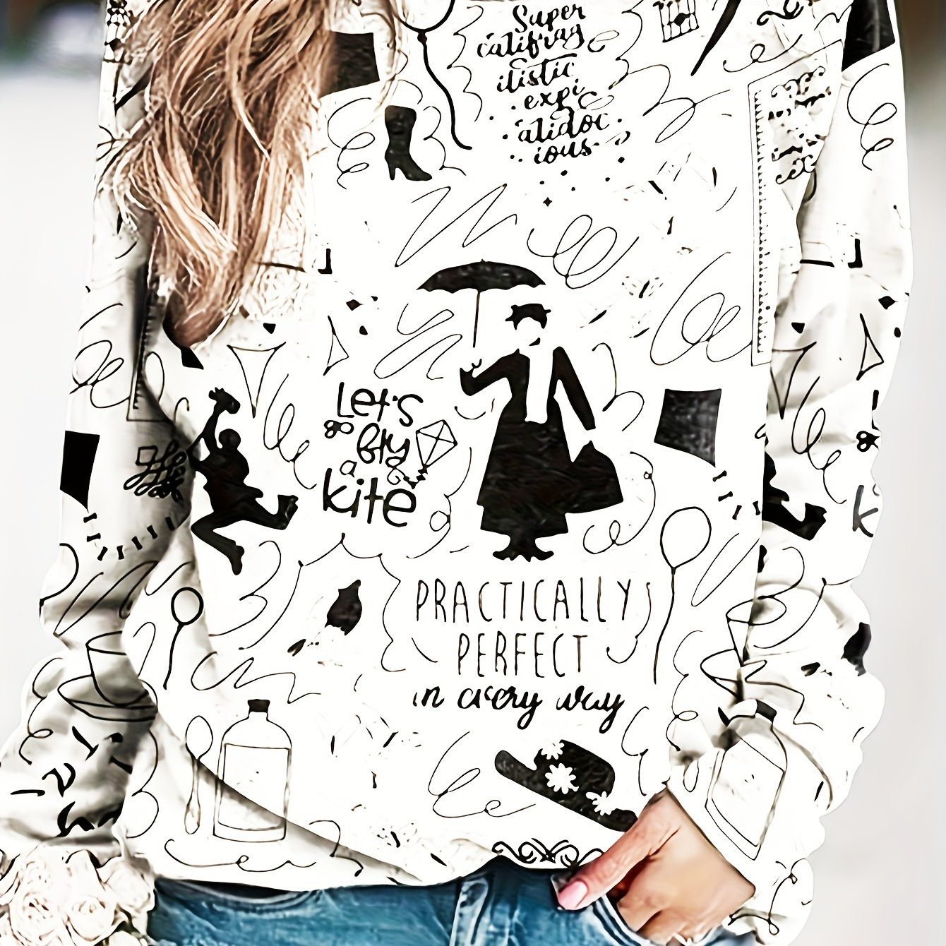 

Plus Size Casual Top, Women's Plus Graphic & Letter Print Long Sleeve Round Neck Top