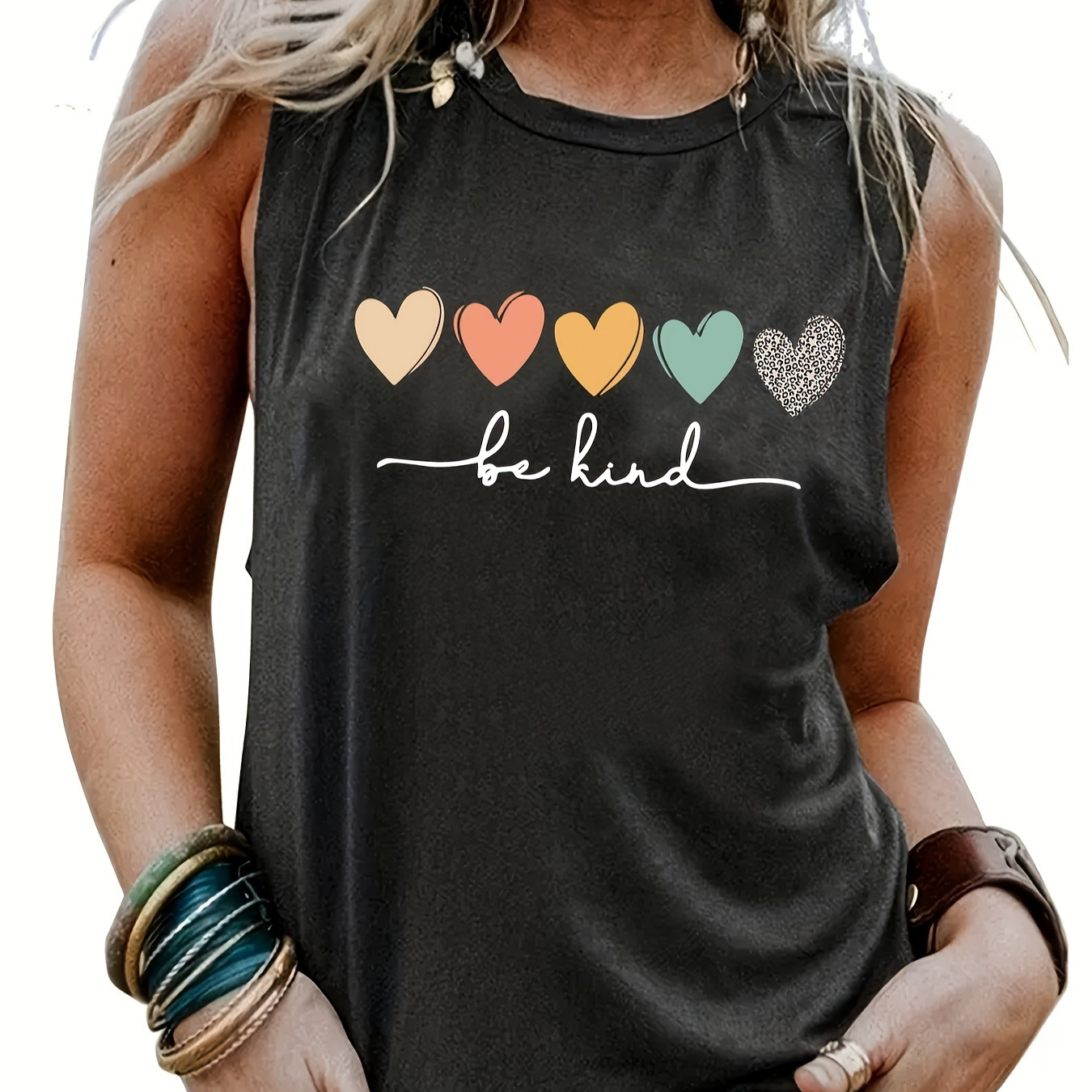 

Heart Print Crew Neck Tank Top, Casual Sleeveless Tank Top For Summer, Women's Clothing