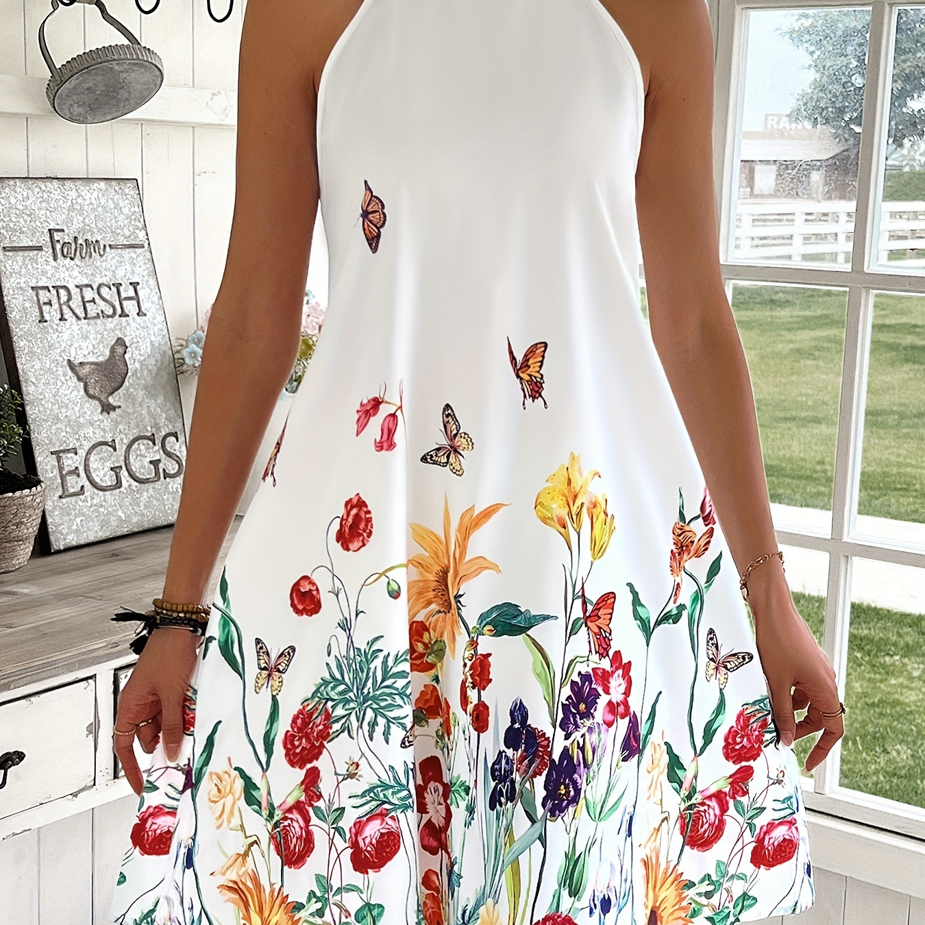 

Floral & Butterfly Print Halter Neck Dress, Vacation Style Sleeveless Trapeze Dress For Spring & Summer, Women's Clothing For Elegant Dressing
