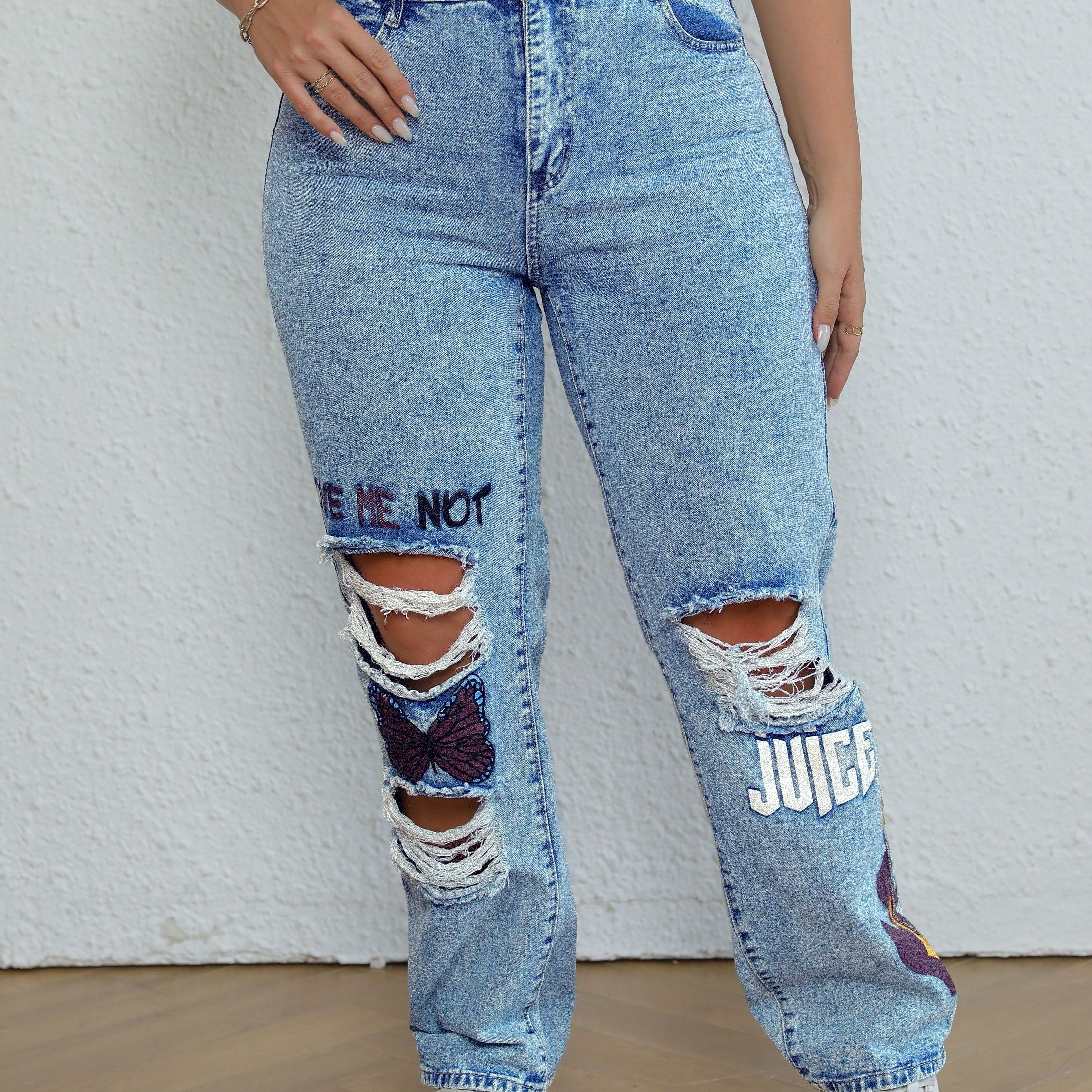 

Plus Size Y2k Jeans, Women's Plus Butterfly Print Ripped Button Fly Straight Leg Jeans