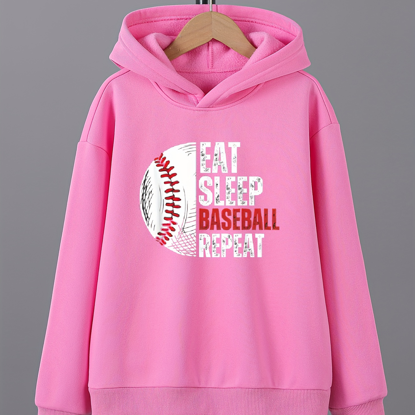 

Eat Sleep Baseball Repeat Letter Print Boys Long Sleeve Hoodie, Stay Stylish And Cozy Sweatshirt - Perfect Spring Fall Winter Essential For Your Little Fashionista!