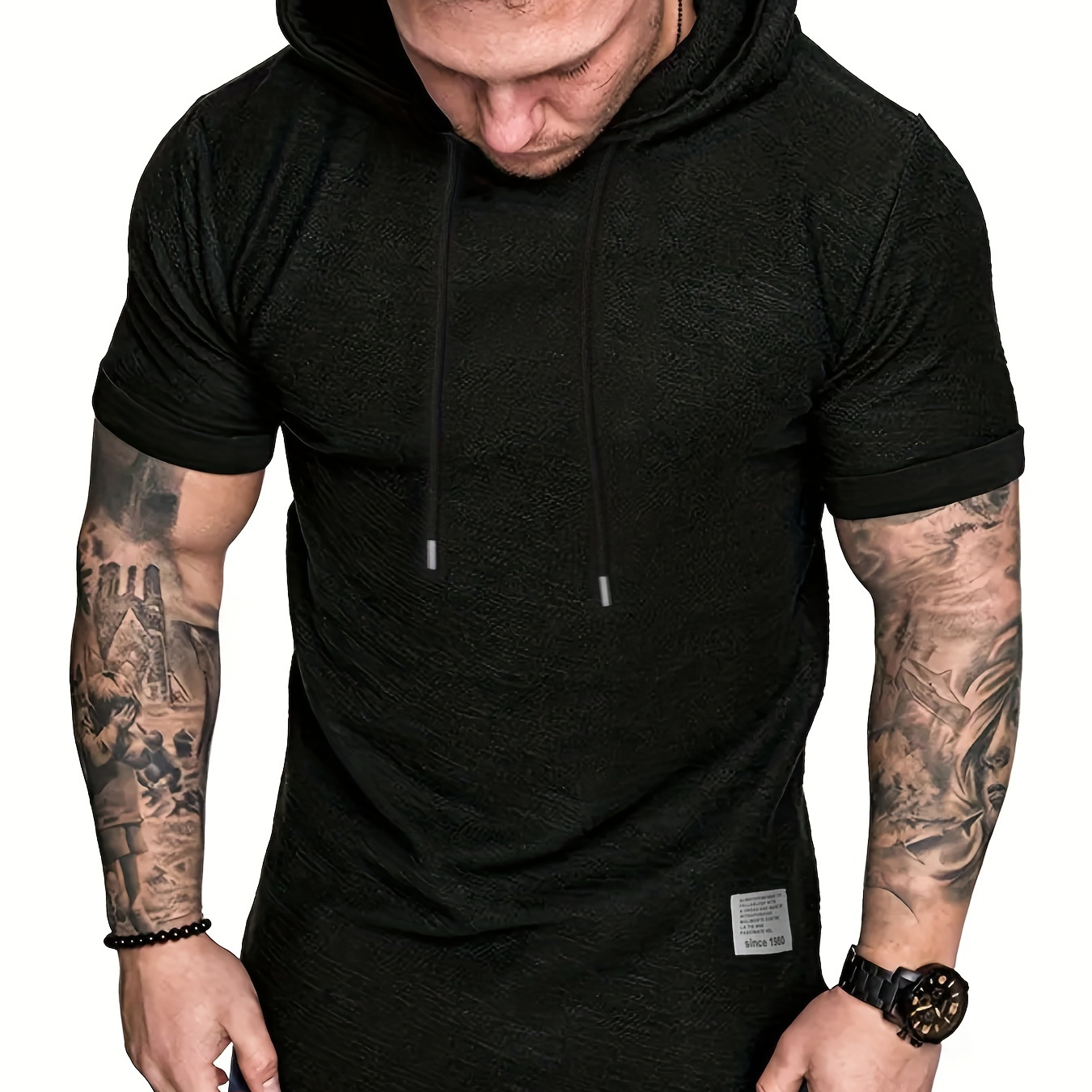 Plus Size Men's Basic Short Sleeve Hooded T-shirt, Summer Comfy Tops With Drawstring