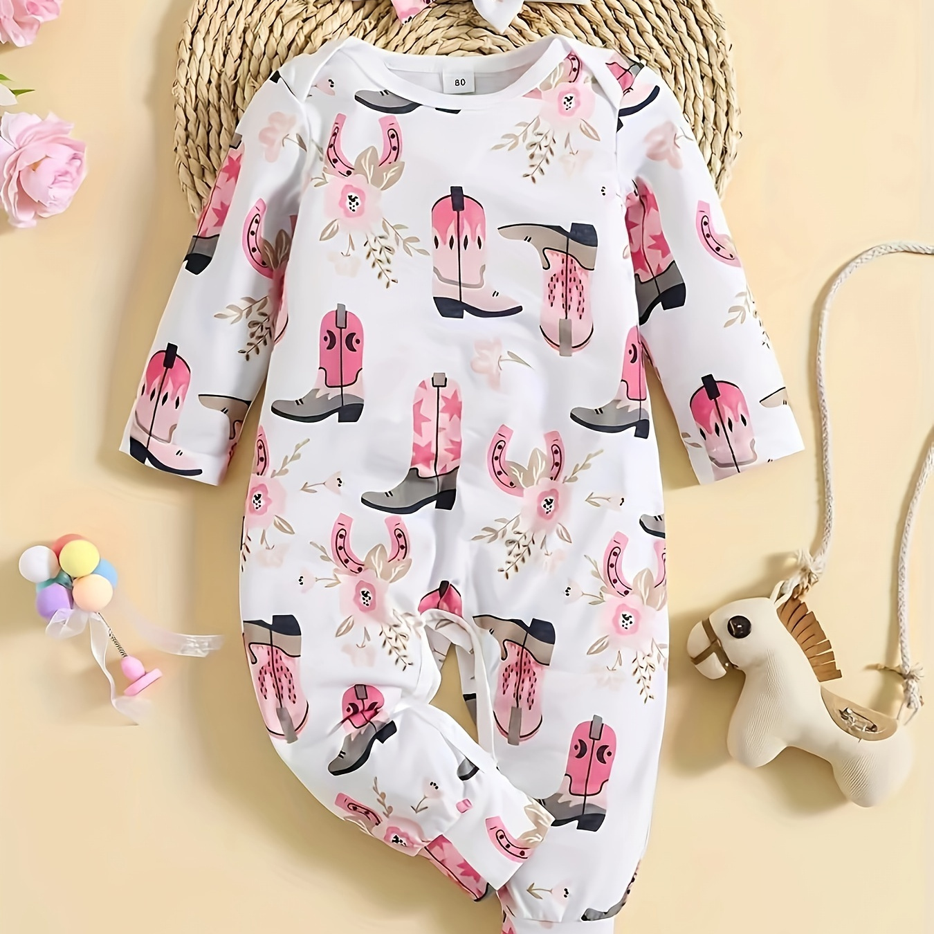 

Baby Girl's Cute Boots Print Long Sleeve Romper, Soft Jumpsuit For Infant Girls, Perfect For Playtime & Everyday Wear