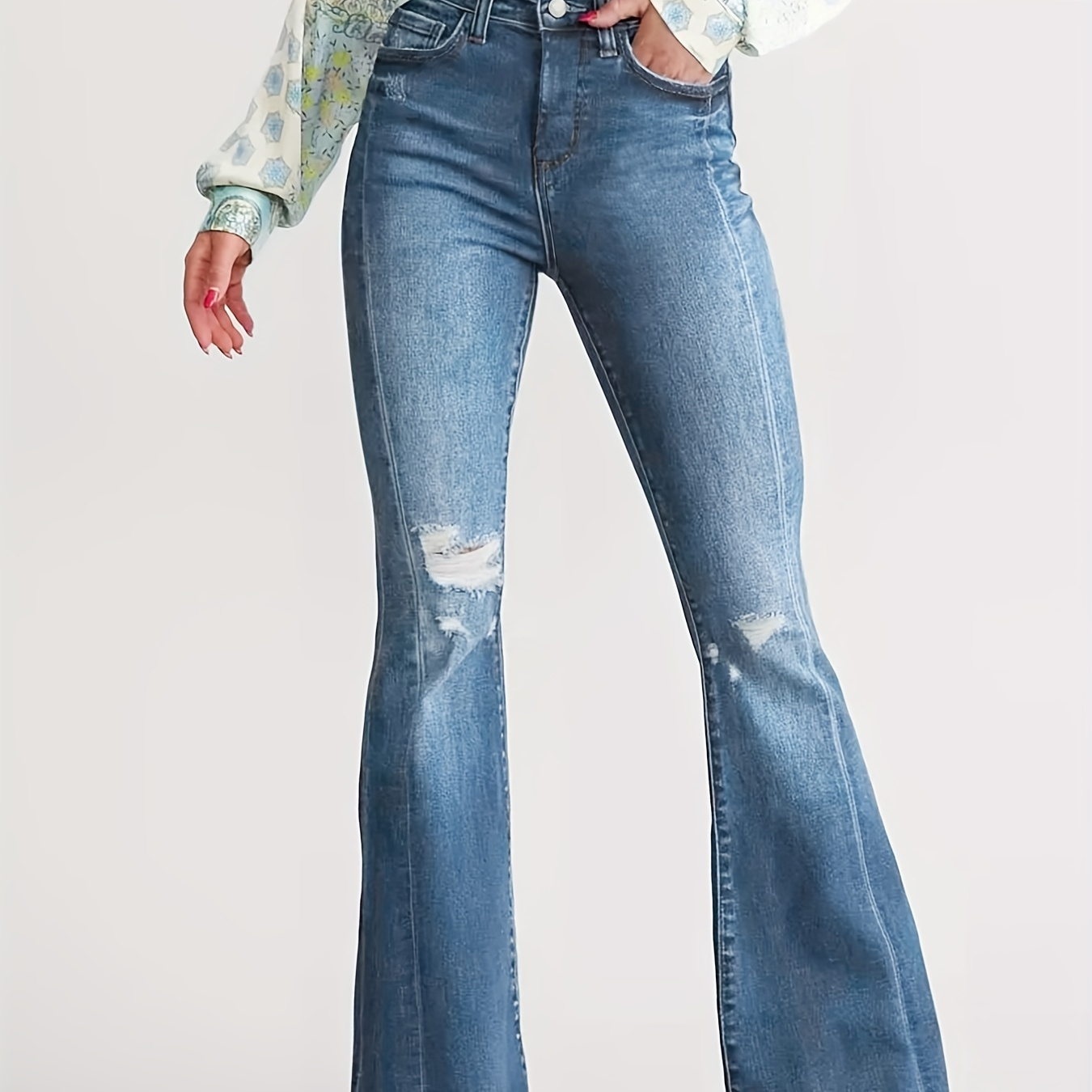 

Ripped Raw Hem Stretchy Flare Leg Jeans, High Rise Whiskering Bell Bottoms Vintage Y2k Denim Pants, Women's Denim Jeans & Clothing
