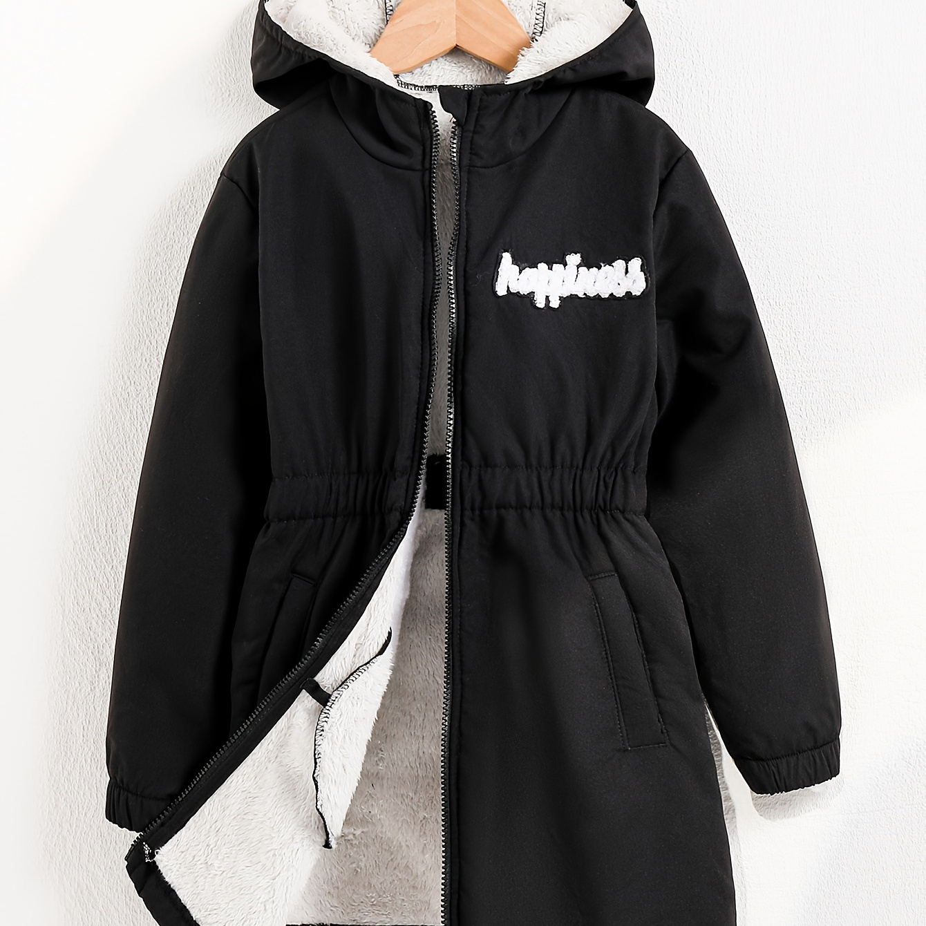 

Girls Mid-length Hooded Jacket With Fleece, Warm Versatile Zipper Top, Waist Solid Color Daily Jacket With 'happiness' Title, For Autumn & Winter