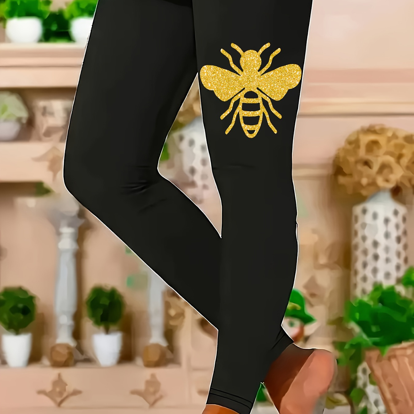 

Plus Size High-waisted Leggings With , Casual Elastic Polyester Knit Fabric, Comfort, No Detail - Black