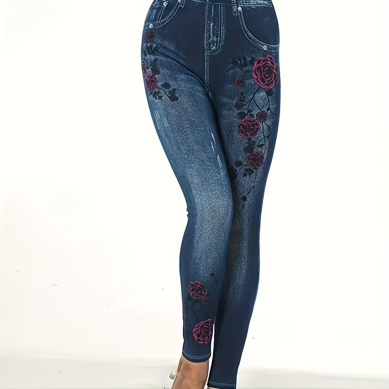 

Leggings Moulants Grande Taille à Imprimé Floral en Denim, Leggings Extensibles Décontractés pour Tous , Vêtements Grande Taille pour Femmes, Leggings Grande Taille