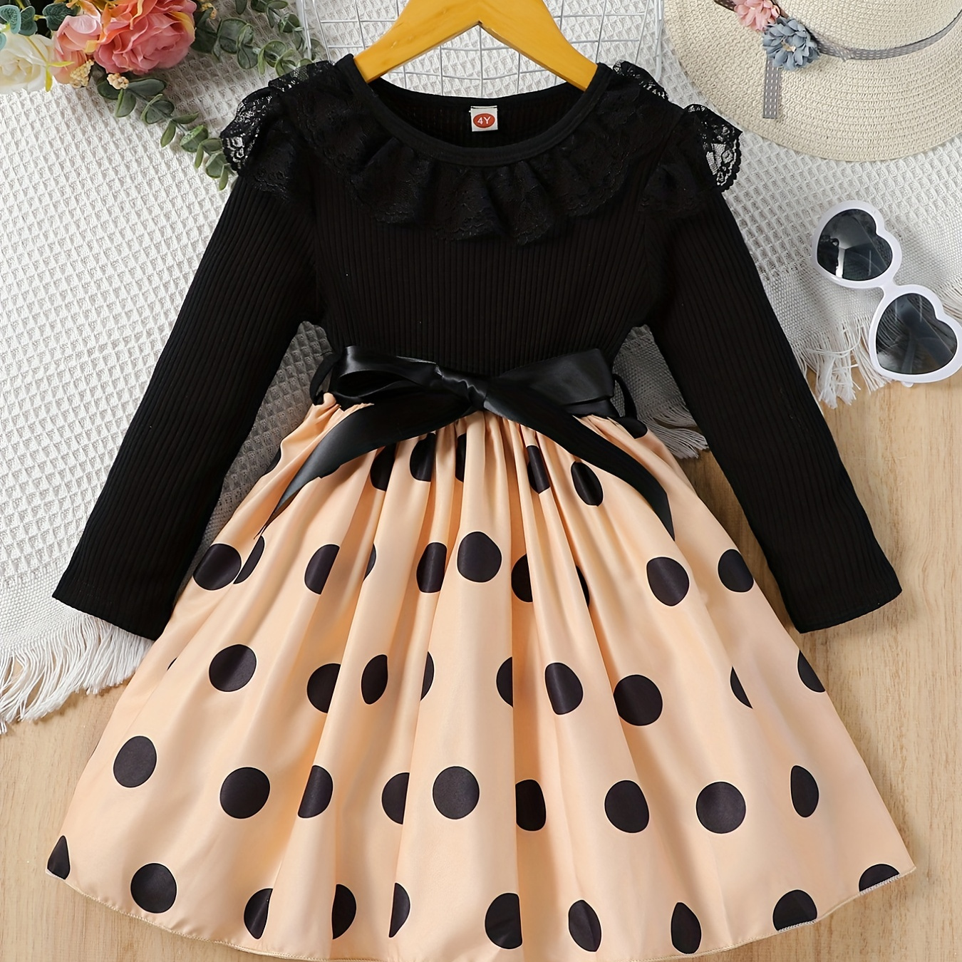 

Toddler Girls Polka Dot Graphic Lace Trim Neck Spliced Princess Belted Dress For Party Beach Vacation Kids Spring Summer Clothes