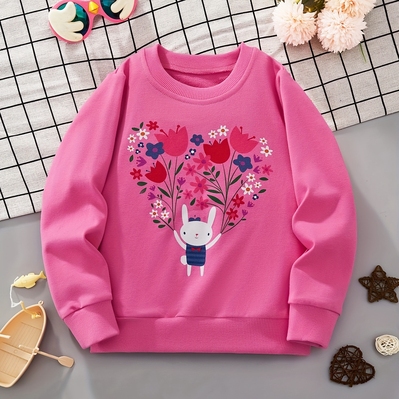 

Cartoon Rabbit & Flowers Graphic Print, Girls Trendy & Casual Long Sleeve Cotton Sweatshirt For Fall & Winter, Girls Clothes, As Gifts