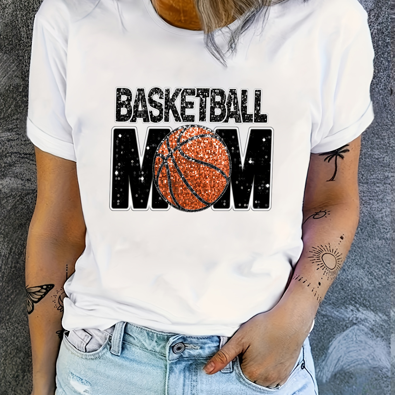 

Basketball Graphic Print T-shirt, Short Sleeve Crew Neck Casual Top For Summer & Spring, Women's Clothing