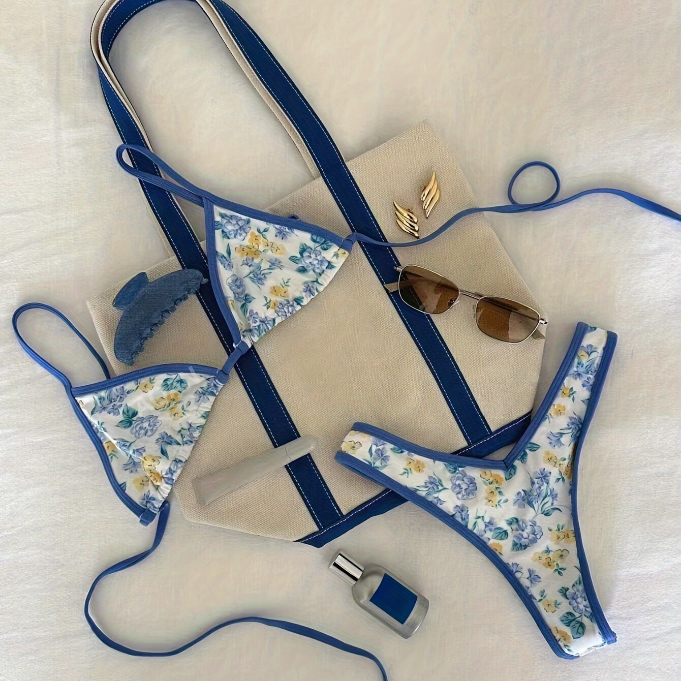 

1pc Women's Floral Print Bikini Set With Tie , High Polyester Fabric, Sexy Two-piece Swimsuit For Swimming, , And Beach
