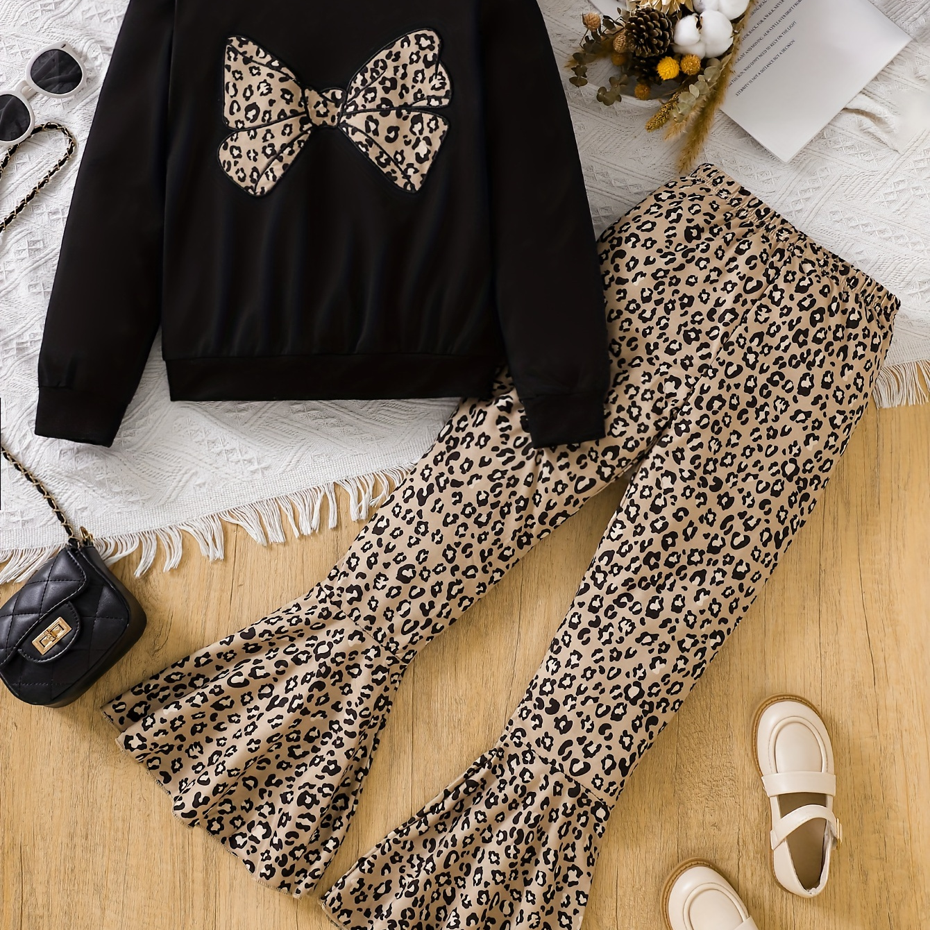 

2pcs Set, Bow Long Sleeve Sweatshirt Top + Leg Trousers - /fall Clothes, Outfit,