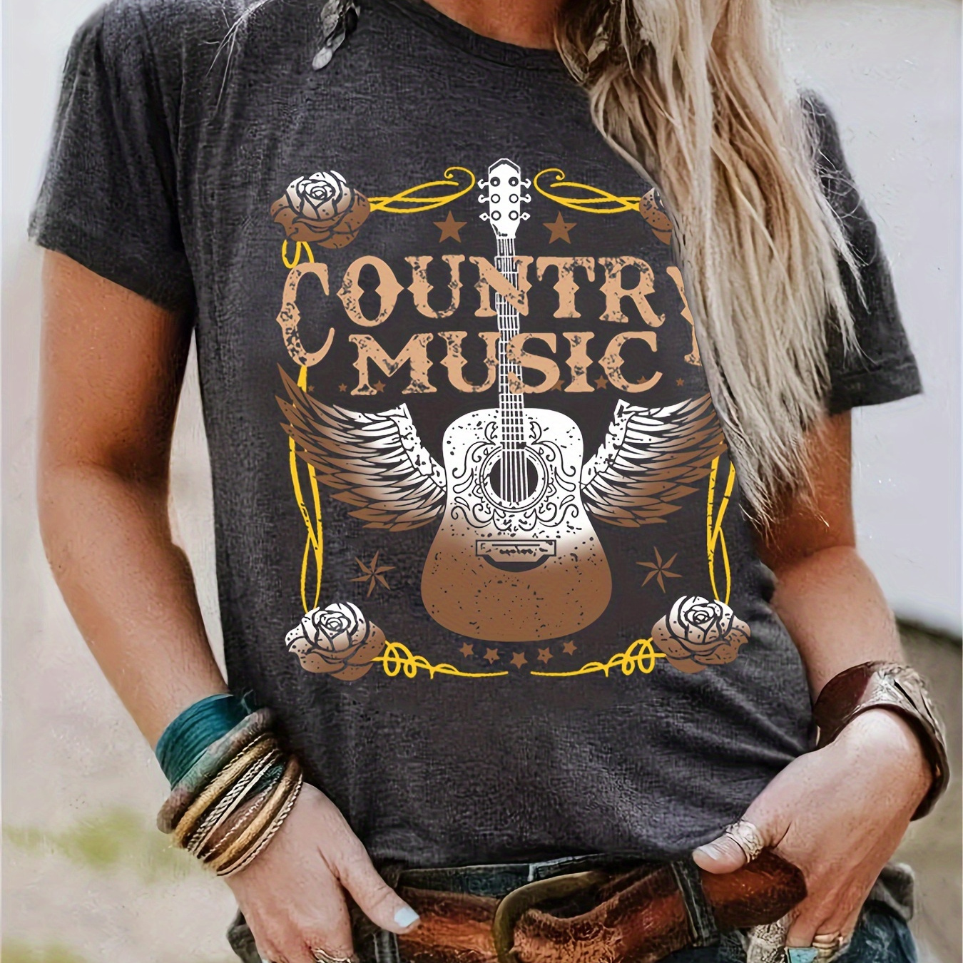 

Vintage Country Music Print Solid T-shirt, Retro Style Short Sleeve Crew Neck Casual Top For All Season, Women's Clothing