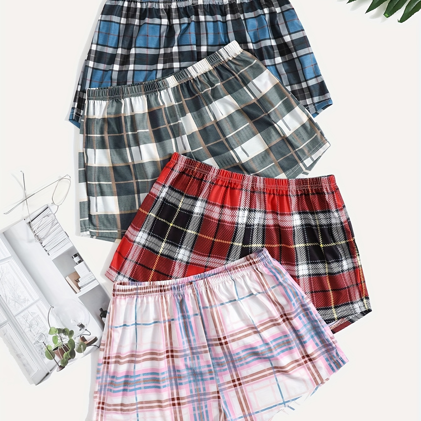 

4 Pcs Women's Casual Plaid Print Sleep Shorts, Comfortable Elastic Waistband, Soft Fabric, Perfect For Lounging & Sleepwear