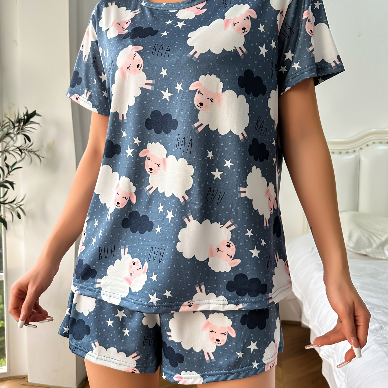 

Cute Sheep & Letter Print Pajama Set, Short Sleeve Round Neck T-shirt & Elastic Shorts, Women's Sleepwear For Eid Al-adha