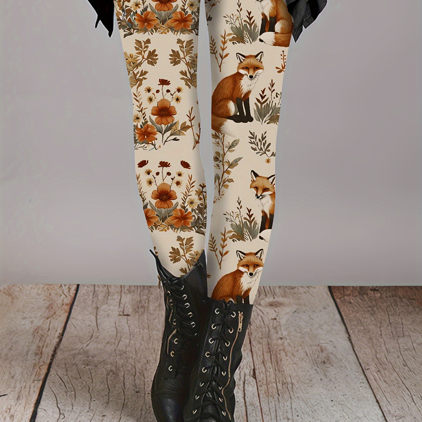 

Women's Stretchy Skinny Leggings With Fox & Floral Print - Comfortable Polyester , Waistband, Wear