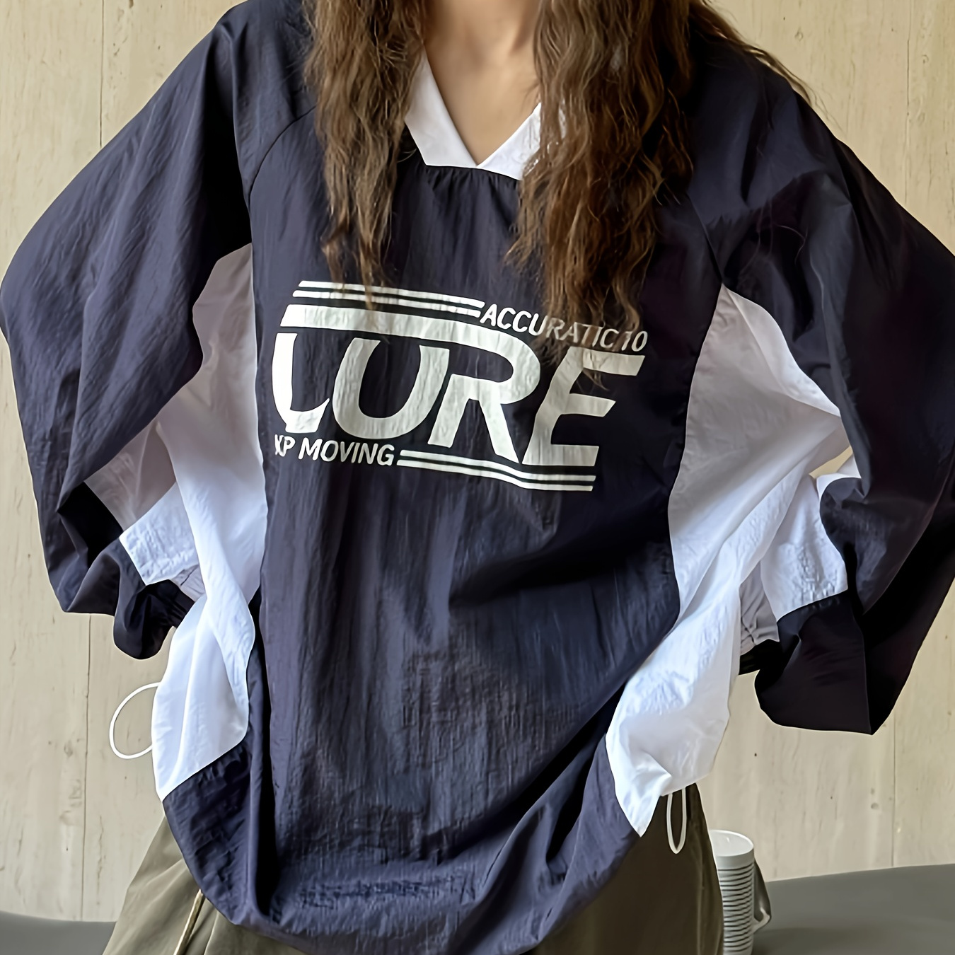 

Letter Print V Neck Top, Y2k Long Sleeve Oversized Top For Spring & Fall, Women's Clothing