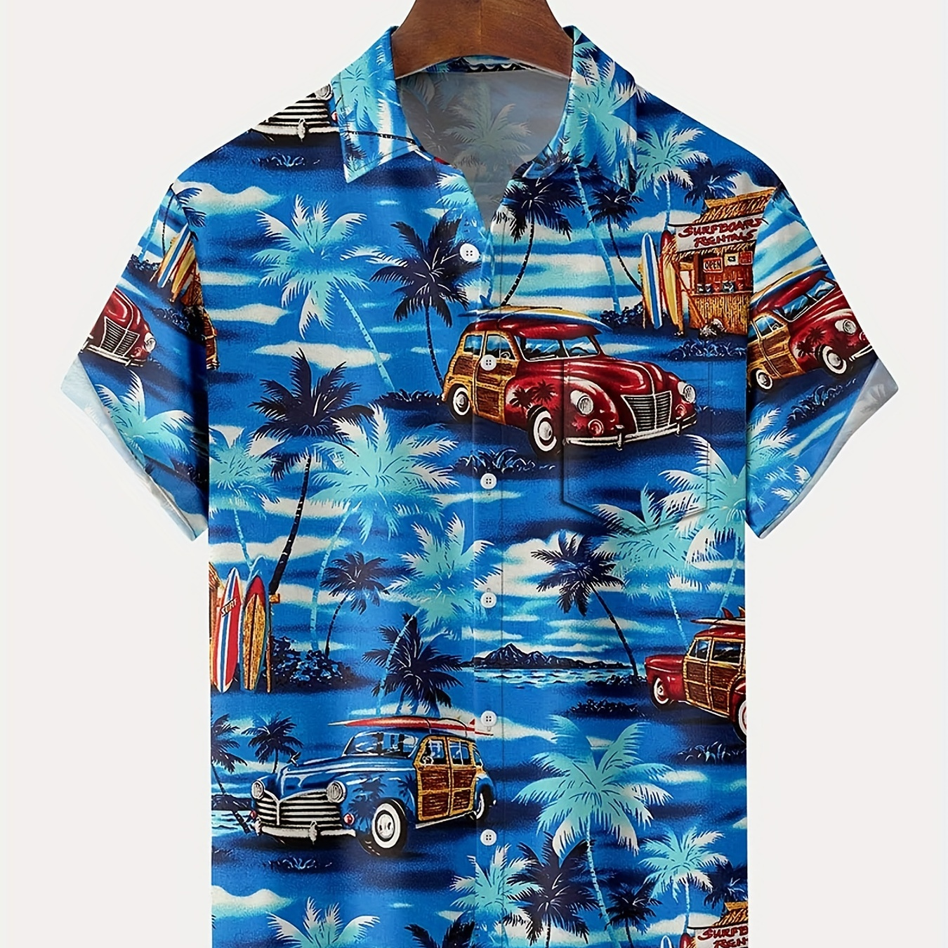 

Plus Size Mens Hawaiian Coconut Tree Car Print Short-sleeve Shirt Button Up Pocket Shirt