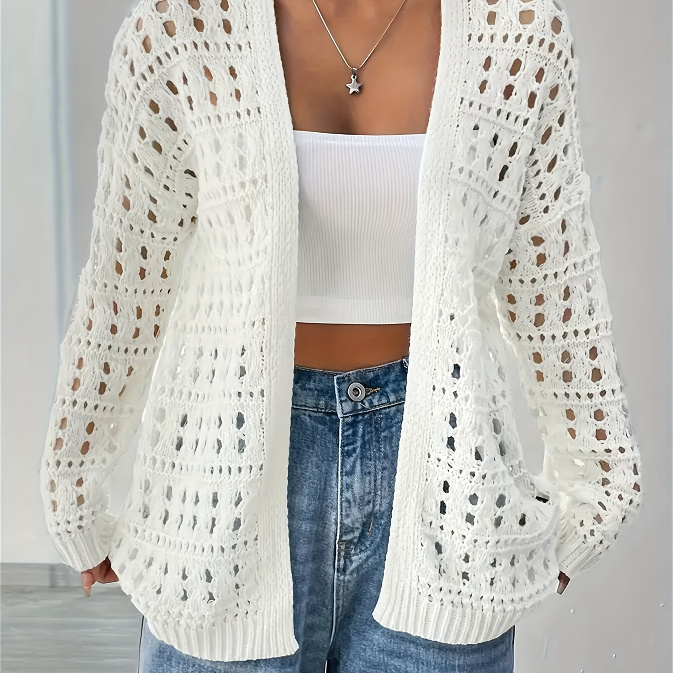 

Plus Size Solid Hollow Out Open Front Cardigan, Casual Long Sleeve Crochet Knitted Cardigan, Women's Plus Size Clothing