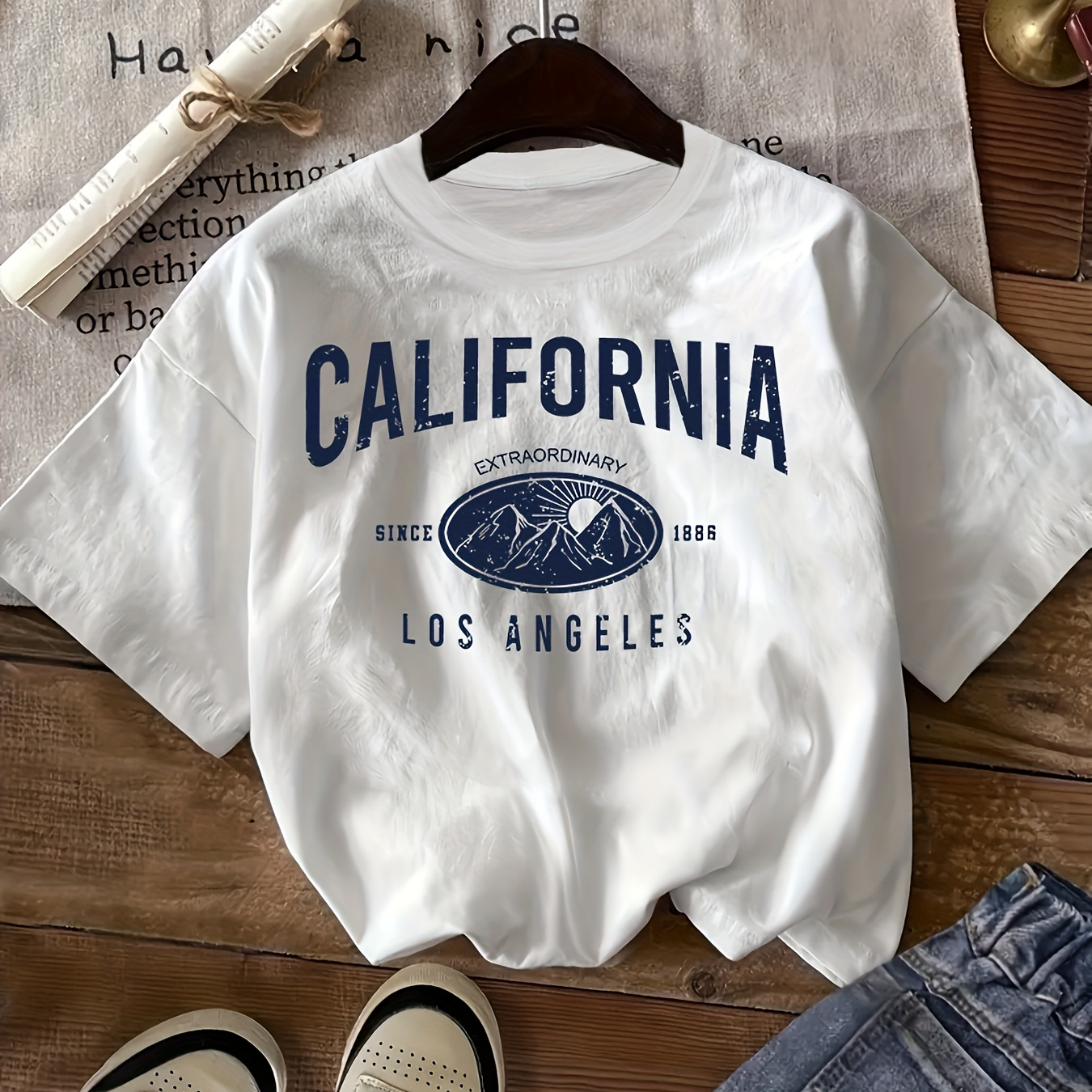 

California Print T-shirt, Short Sleeve Crew Neck Casual Top For Summer & Spring, Women's Clothing