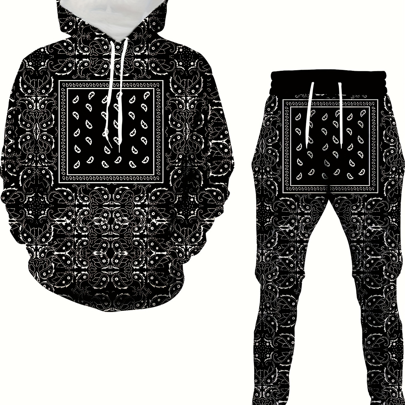 Retro Bandana Print, Men's 2Pcs Outfits, Casual Hoodies Long Sleeve Pullover Hooded Sweatshirt And Sweatpants Joggers Set For Spring Fall, Men's Clothing