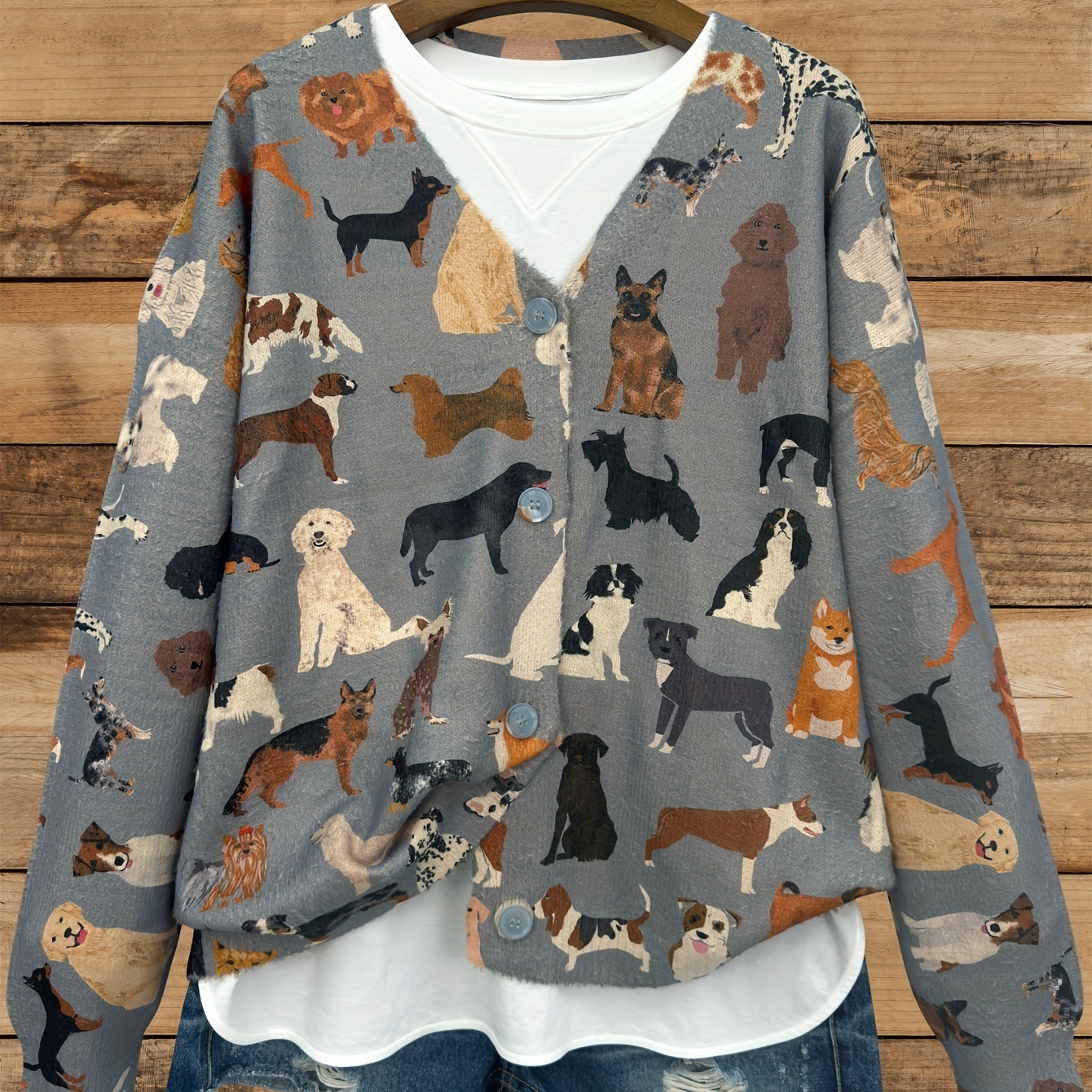 

Women's Plus Size Dog Print V-neck Cardigan - Casual Long Sleeve Knit Sweater With Canine Pattern, Button Detail, Ideal For Fall/winter