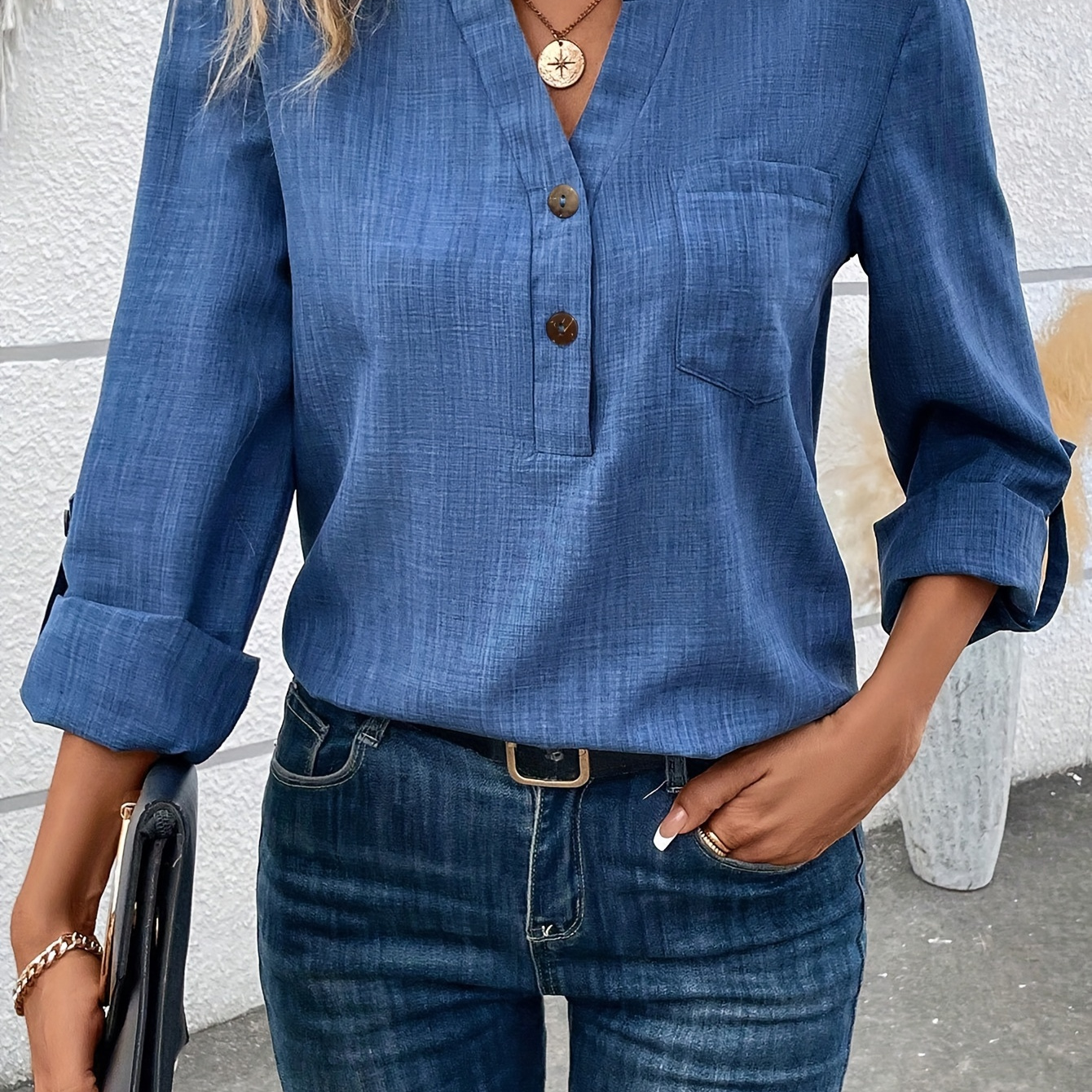 

Notched Neck Button Front Blouse, Casual Long Sleeve Blouse For Spring & Fall, Women's Clothing