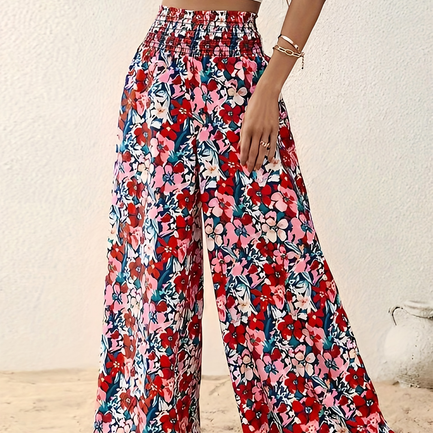 Minimalist Smocked Waist Wide Leg Pants Casual Loose Slant - Temu Australia