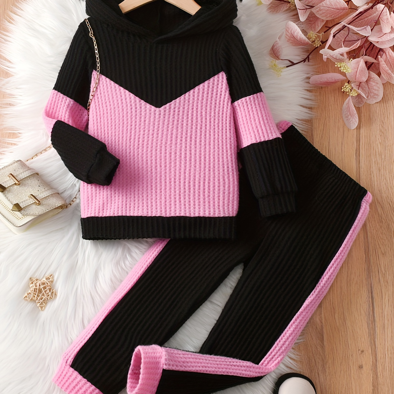 

Hooded Pullover Long Top & Pants Set, Knit , Over 3 , For