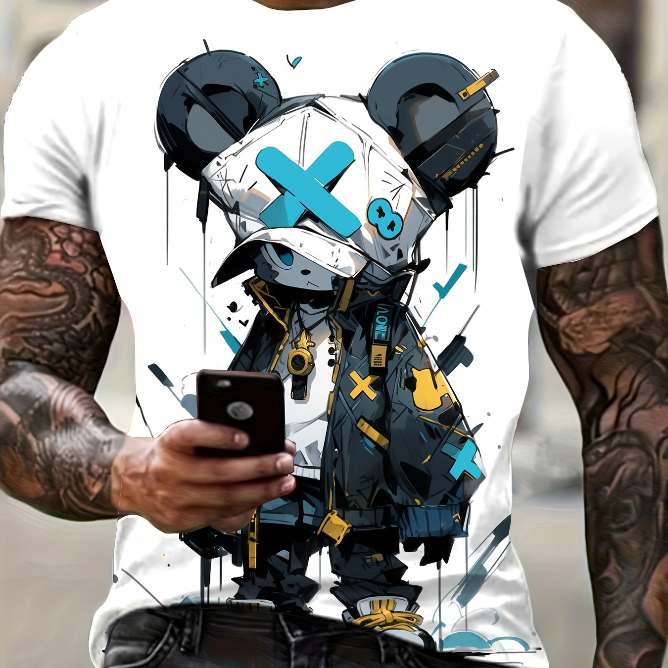 

Cartoon Graphic T-shirt For Men - 100% Polyester Crew Neck Tee With Stretch, Regular Fit Short Sleeve With Digital , Breathable Summer Casual Wear For Teens