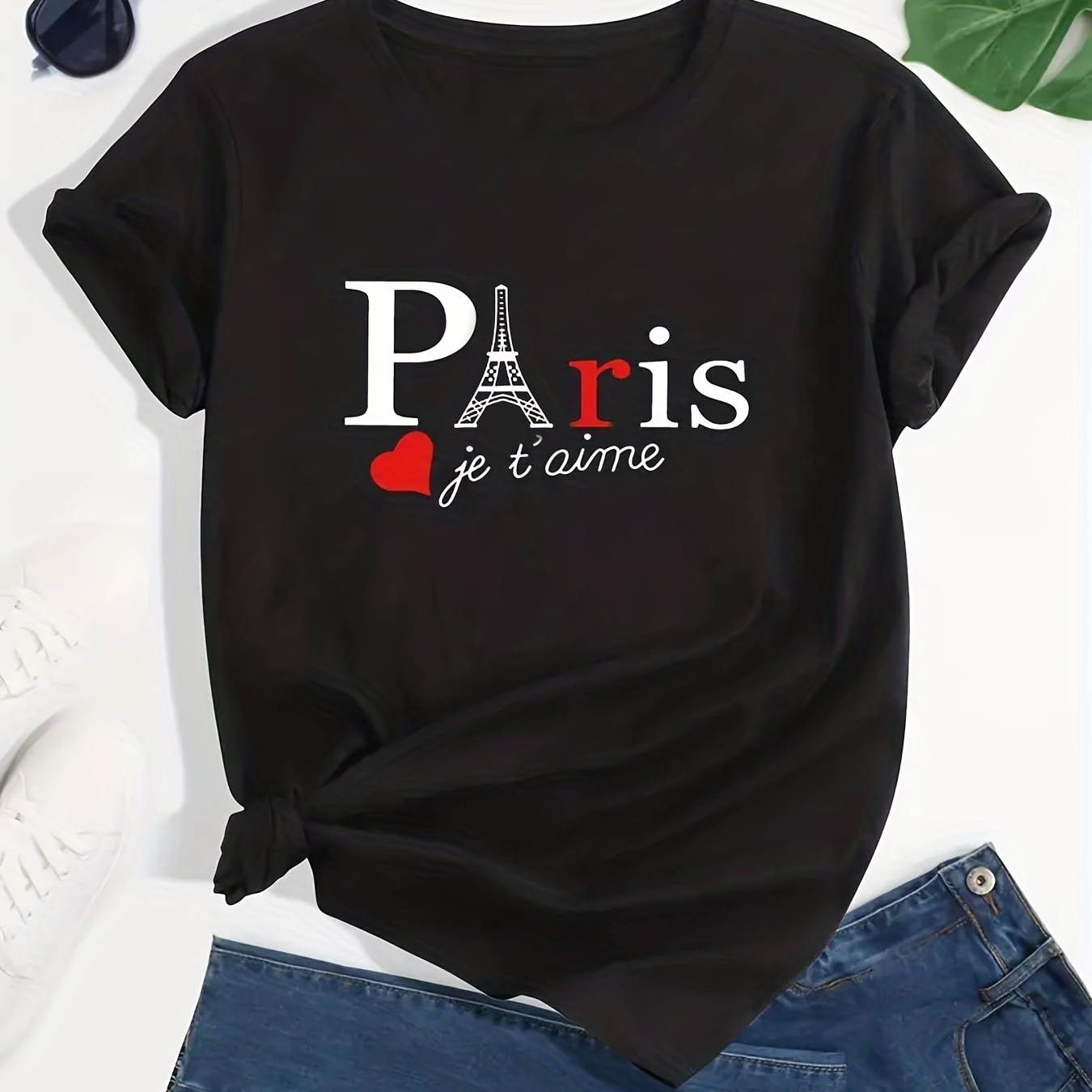 

Eiffel Tower & Letter Print T-shirt, Casual Crew Neck Short Sleeve T-shirt For Spring & Summer, Women's Clothing