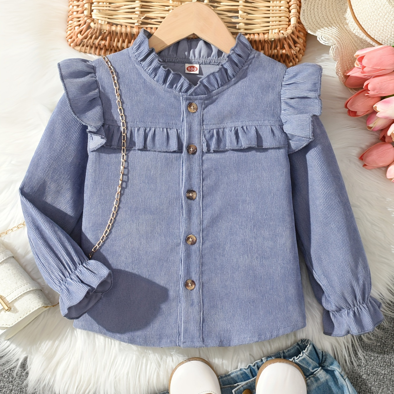 

Little Girls Sweet Ruffle Long Sleeve Button-up Corduroy Blouse Top Spring/ Fall Clothing