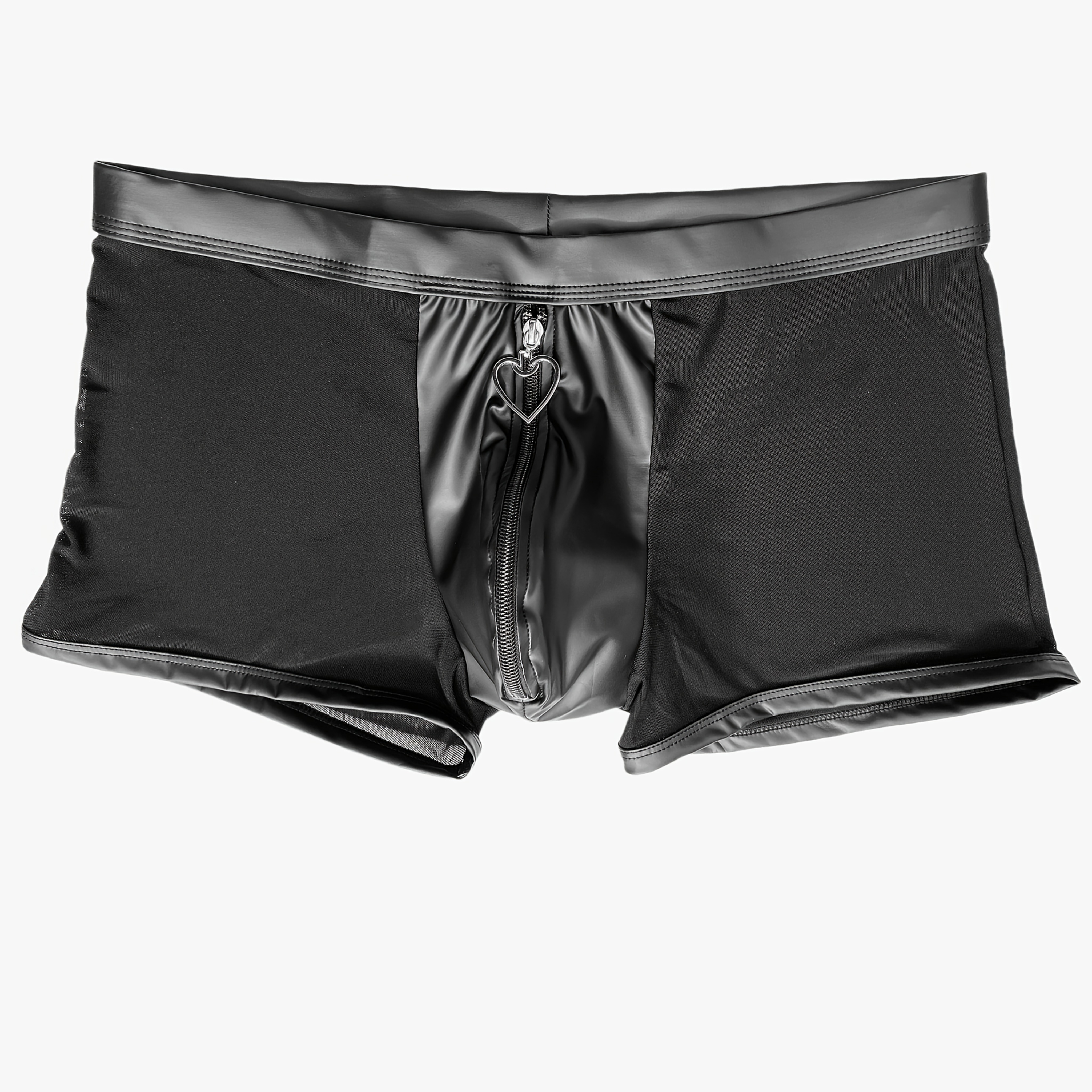 

1pc Men's Boxer Briefs, Polyamide And Elastane , Medium Stretch Knit Fabric, Solid Color With Mesh Detail, Heart-shaped Zipper, Leather Trim, For Daily & Casual Wear