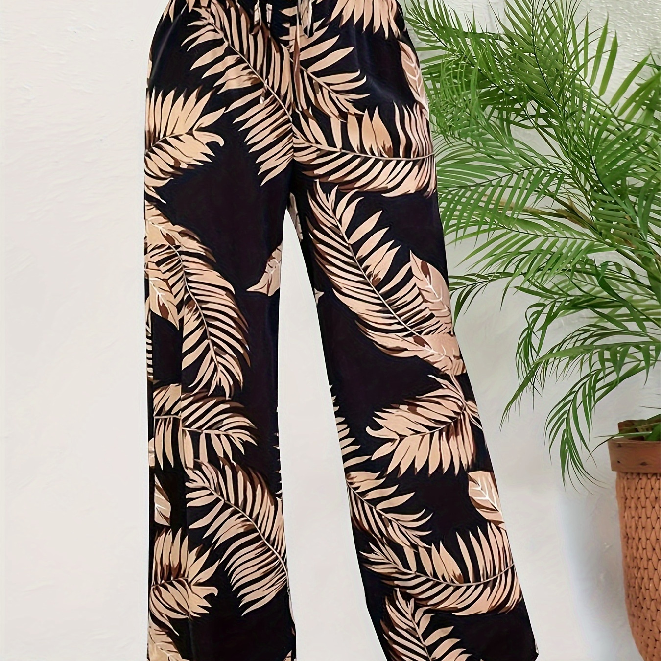 

Vacation Vibe Tropical Print Wide Leg Pants, Casual & Versatile High Waist Pants For Spring & Summer, Women's Clothing