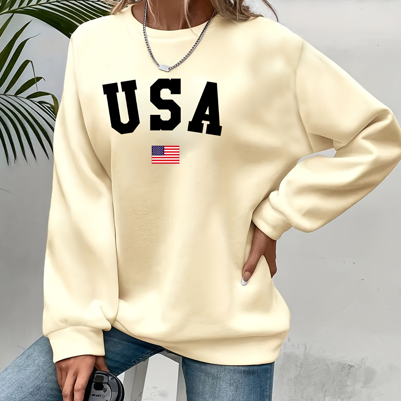 

Usa Flag Print Pullover Sweatshirt, Casual Long Sleeve Crew Neck Sweatshirt For Fall & Winter, Women's Clothing