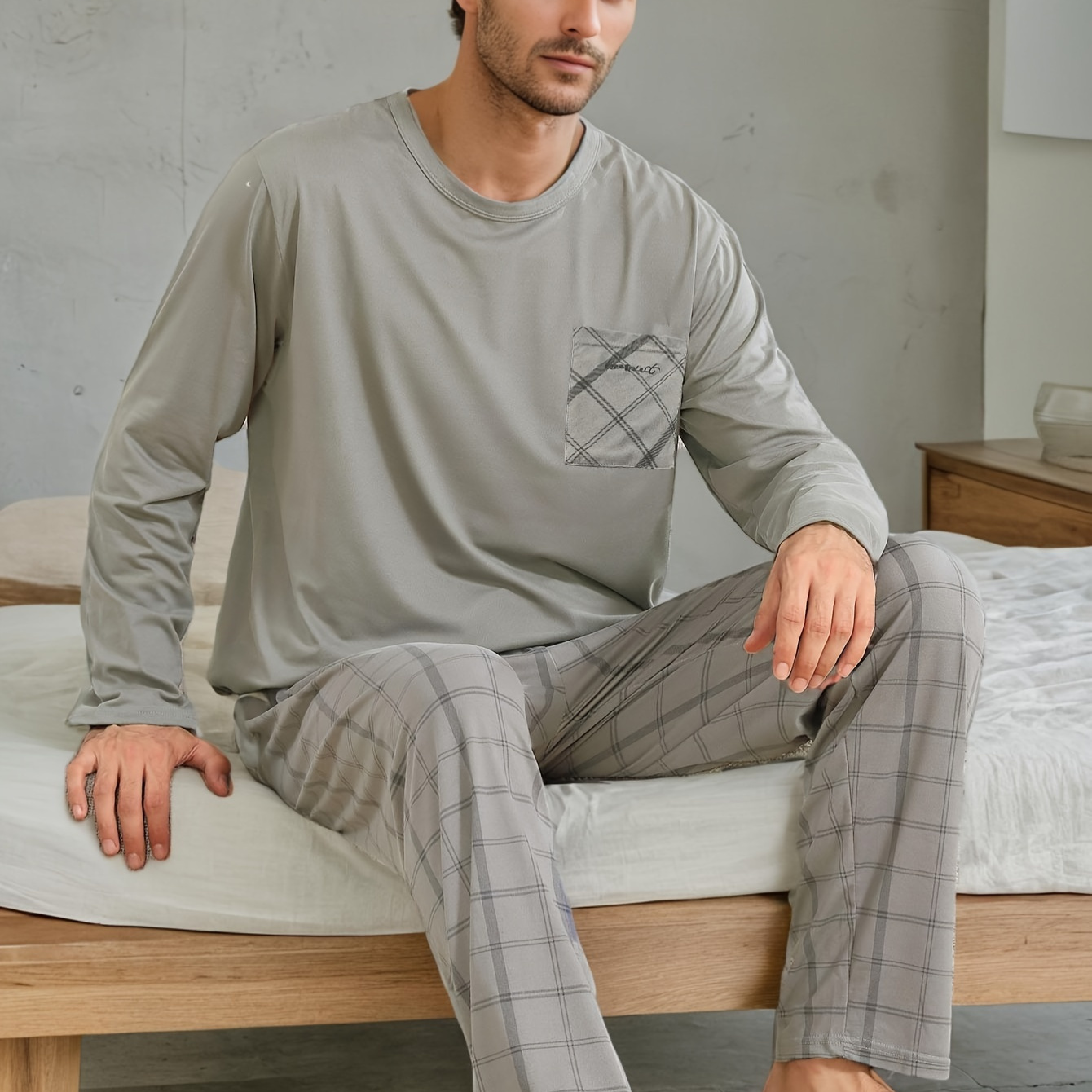 

Men's 2-piece Pajama Set, Spring/autumn Long Sleeve Pants, Fashionable Simple Checkered Youth Loose Casual , Polyester Knit With Pocket, Round Neck, Stretch Fabric, Sleepwear Outfit