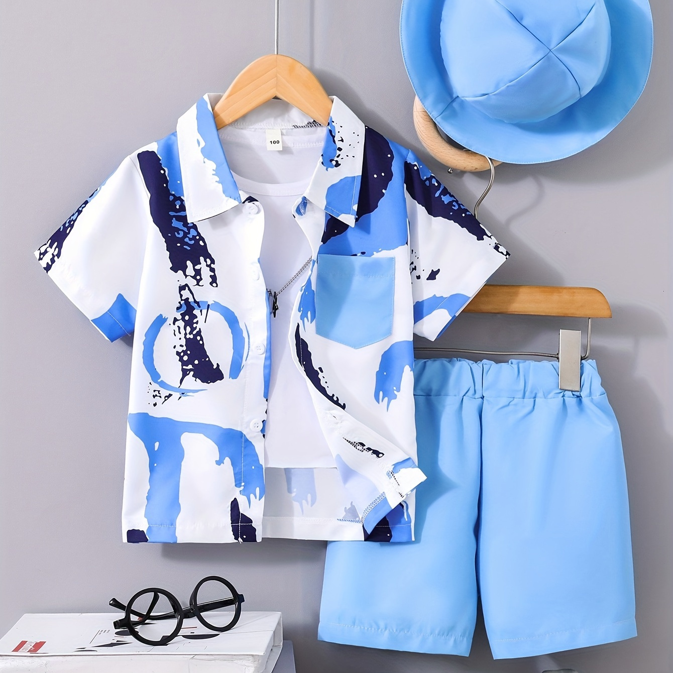 

2pcs Boys Casual Color Block Short Sleeve Lapel Shirt & Solid Color Shorts & Hat Set, Comfy Summer Boys Clothing