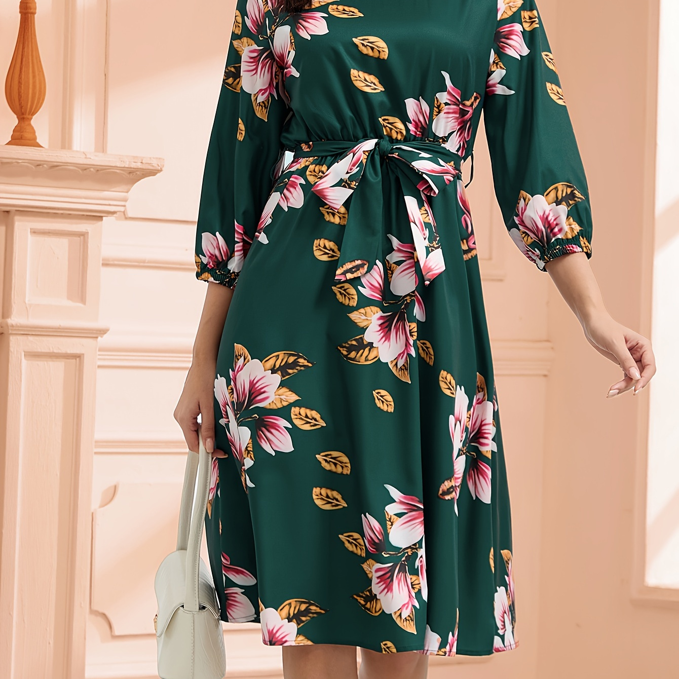 

Floral Print -quarter Sleeve Dress, Elegant Crew Neck Belted Dress For , Women's Clothing