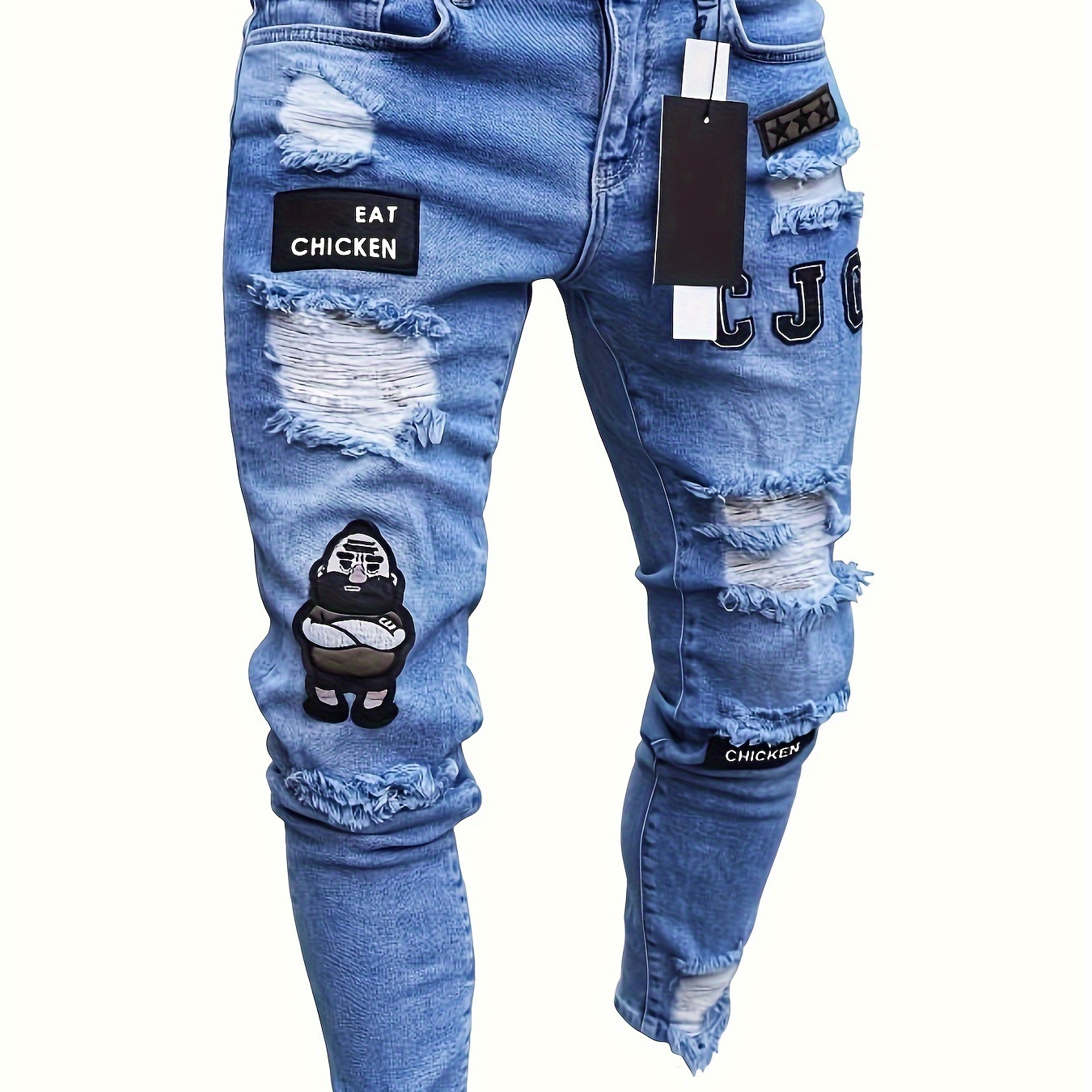 

Men's Skinny Fit Distressed Embroidered Jeans With , Street Style Fashion