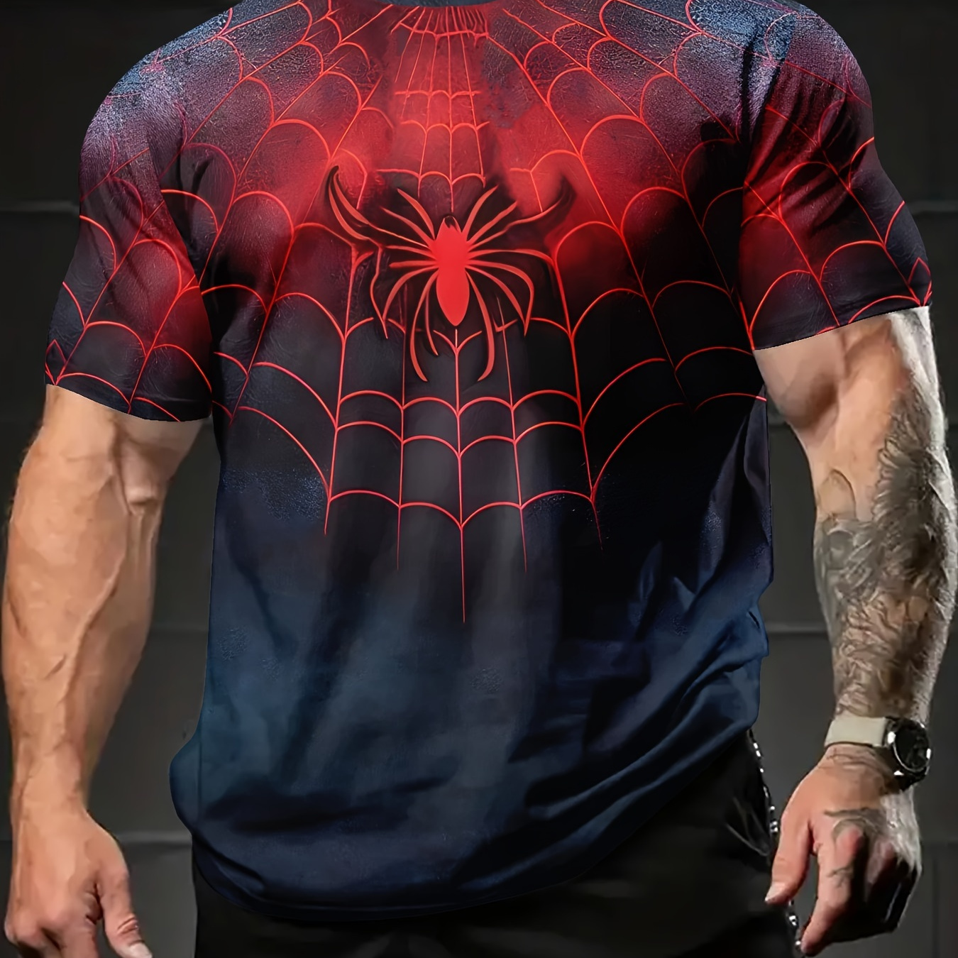 

Men's Summer Casual Graphic Tee - Spider & Web Design, Short Sleeve Crew Neck T-shirt In Polyester, Machine Washable For Casual Attire, Apparel| Spider Design| Shirt