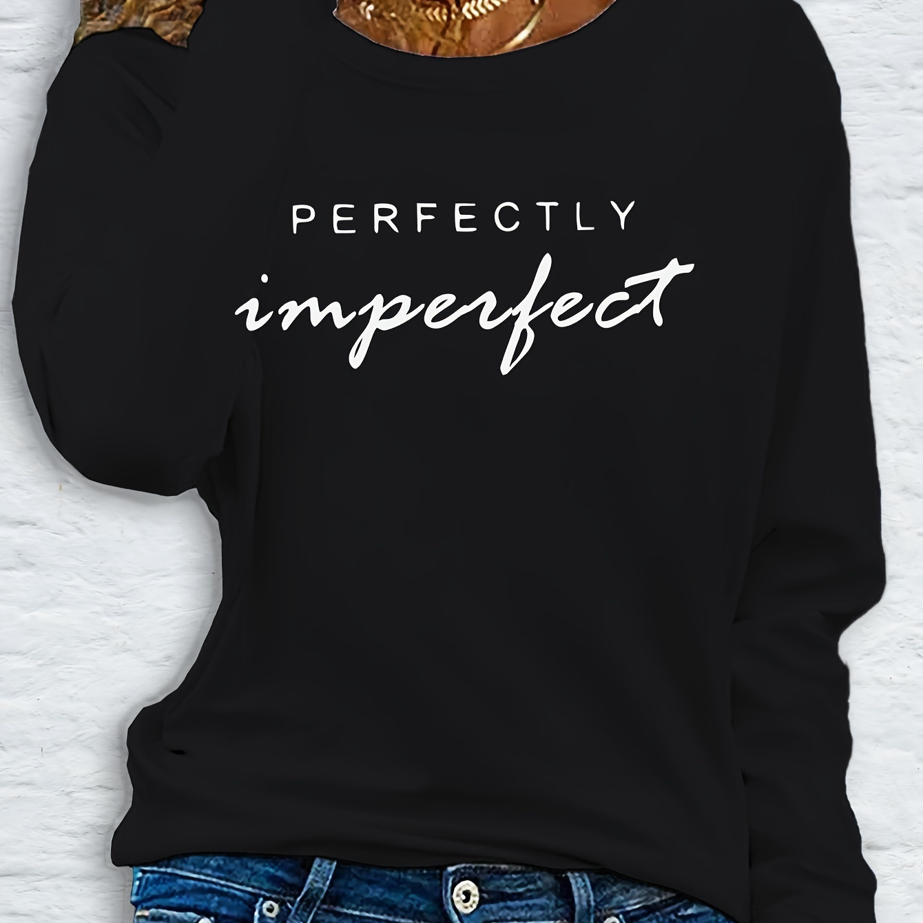 

Women's Long Sleeve T-shirt, "" Letter Print, Casual Round Neck, Regular Fit, Knit Fabric, Polyester, Autumn Fashion Top, No Pads, Regular Length, Pullover Style