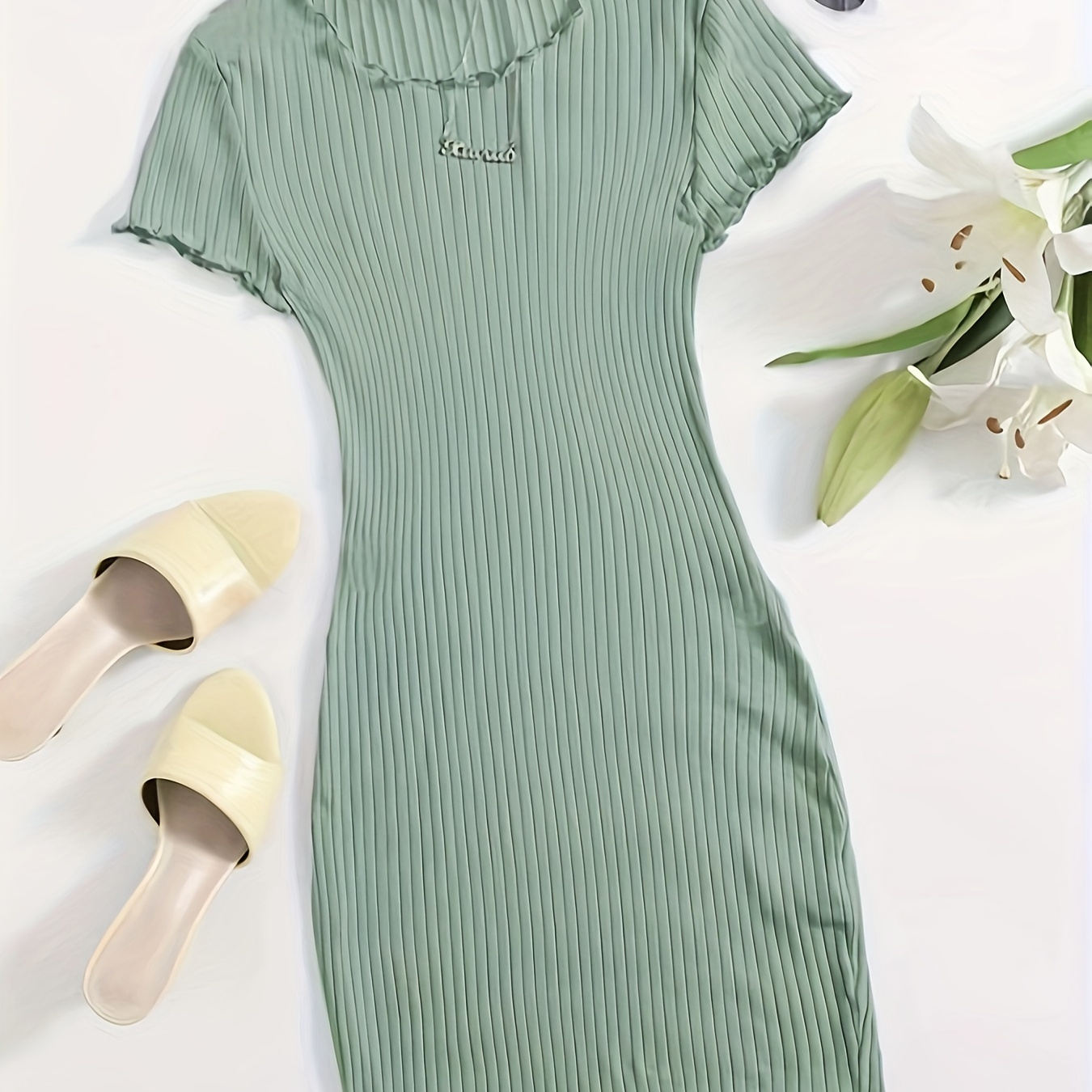 

Ribbed Solid Color Dress, Casual Short Sleeve Lettuce Trim Dress For Spring & Summer, Women's Clothing