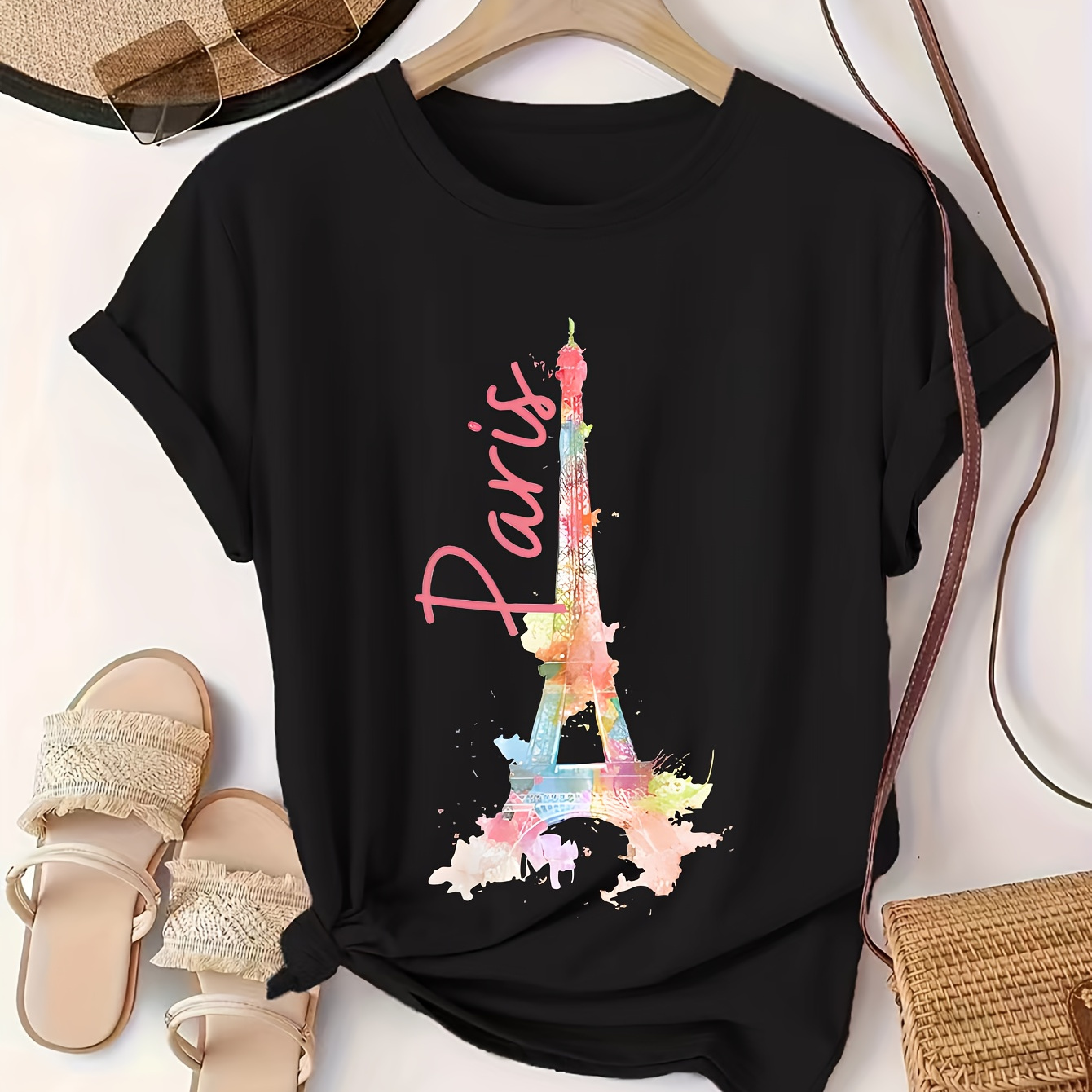 

Paris Eiffel Tower T-shirt For Women - Casual Polyester Knit Fabric, Geometric Pattern, Round Neck, Regular Fit - Fashionable All-season Top