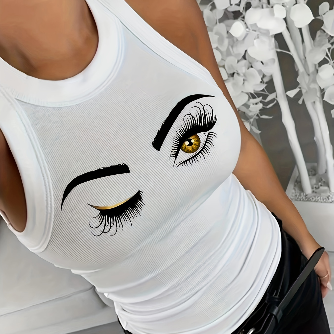 

Eye Print Ribbed Tank Top, Casual Sleeveless Top For Summer, Women's Clothing